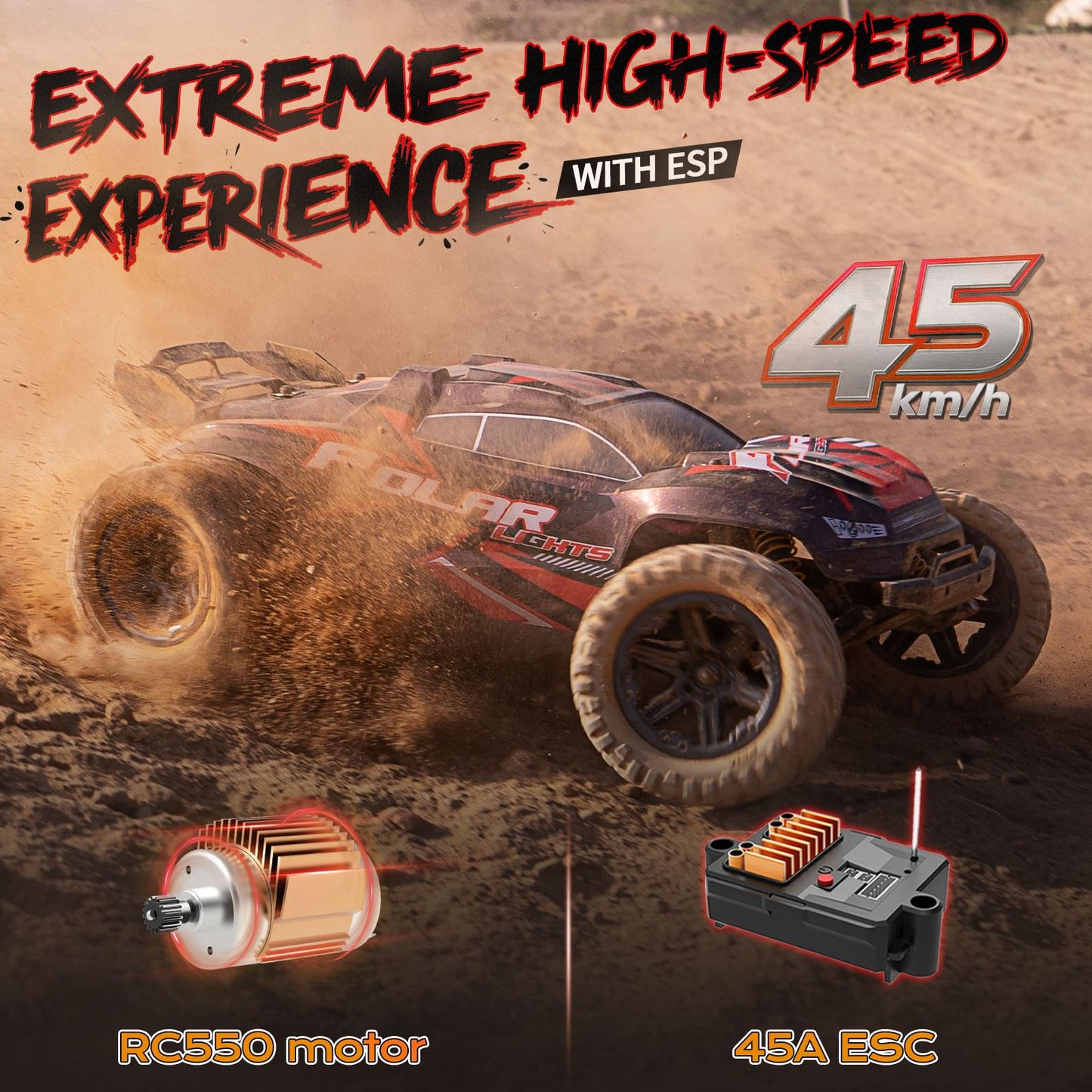 YESHIN 1:10 Large RC Car 45km/h High Speed Off-Road Truck, Waterproof Electric Powered RC Cars All Terrain Toys with 2 Rechargeable 2600mAh Batteries