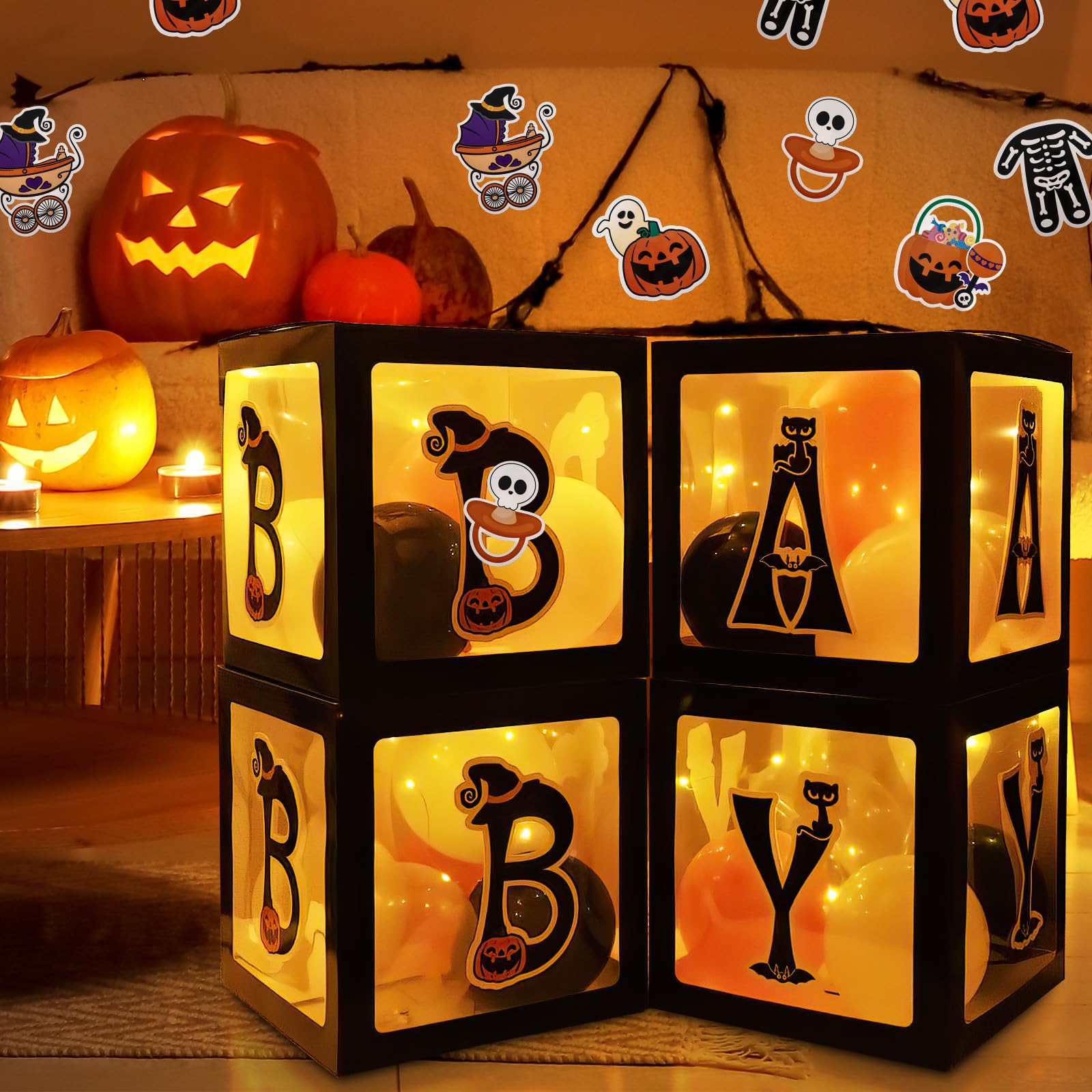Baby First Halloween Decorations Balloons Boxes 4 Pcs Letter Blocks Transparent Box with 4 LED Light Strings - Baby Shower Party Supplies Decoration
