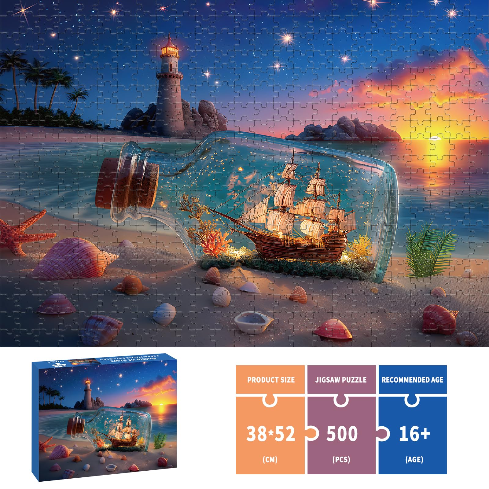 Puzzles for Adults 500 Pieces, Lighthouse Jigsaw Puzzles - Bottle of Stars, Impossible Beach Sailboat Puzzle for Seniors Families, 20.47x14.96 Inches