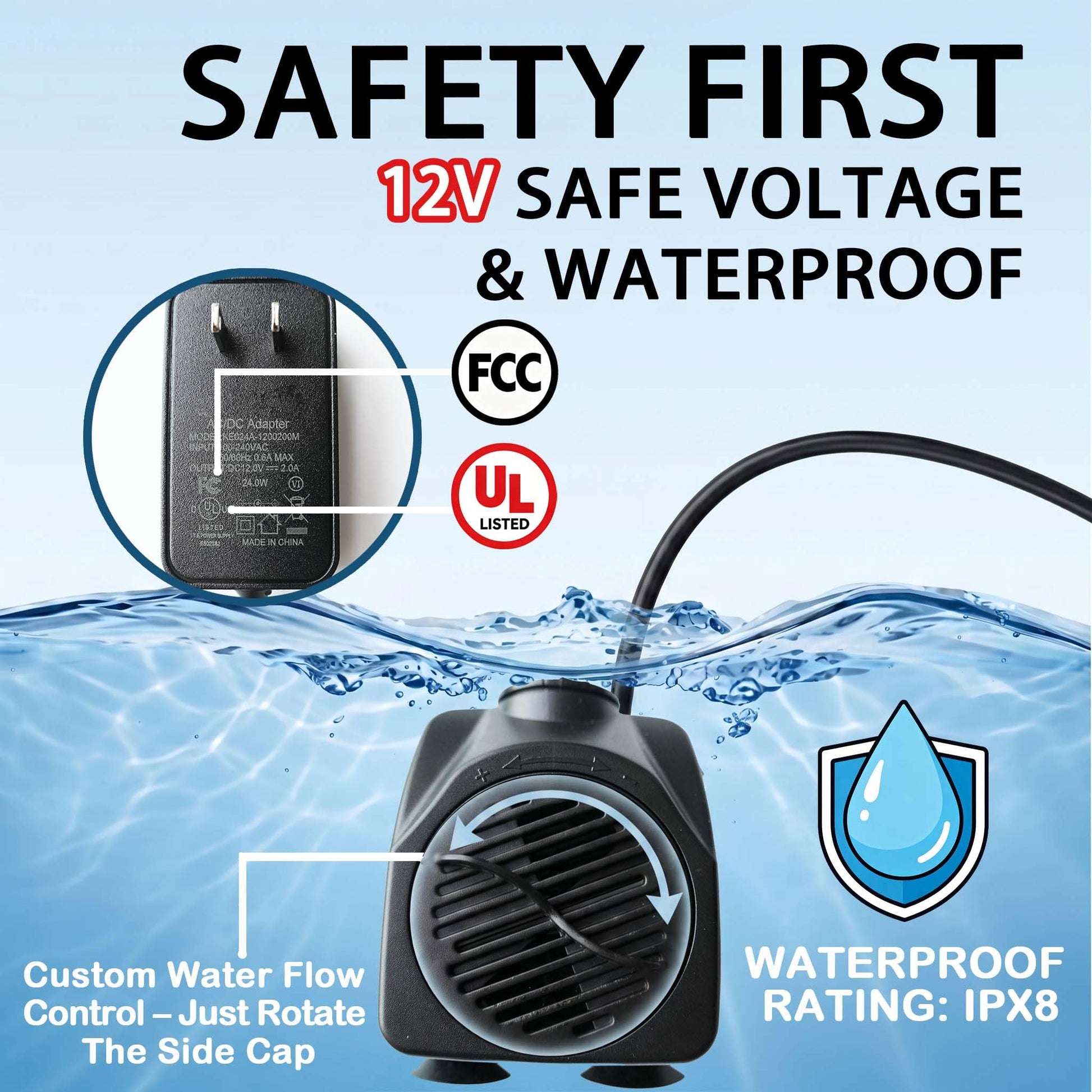 Water Table Pump Continuous Flow, 20W No Drill Installation Water Pump with Dual-Outlet Tube, Compatible with Step2 Water Tables, IPX8 Waterproof