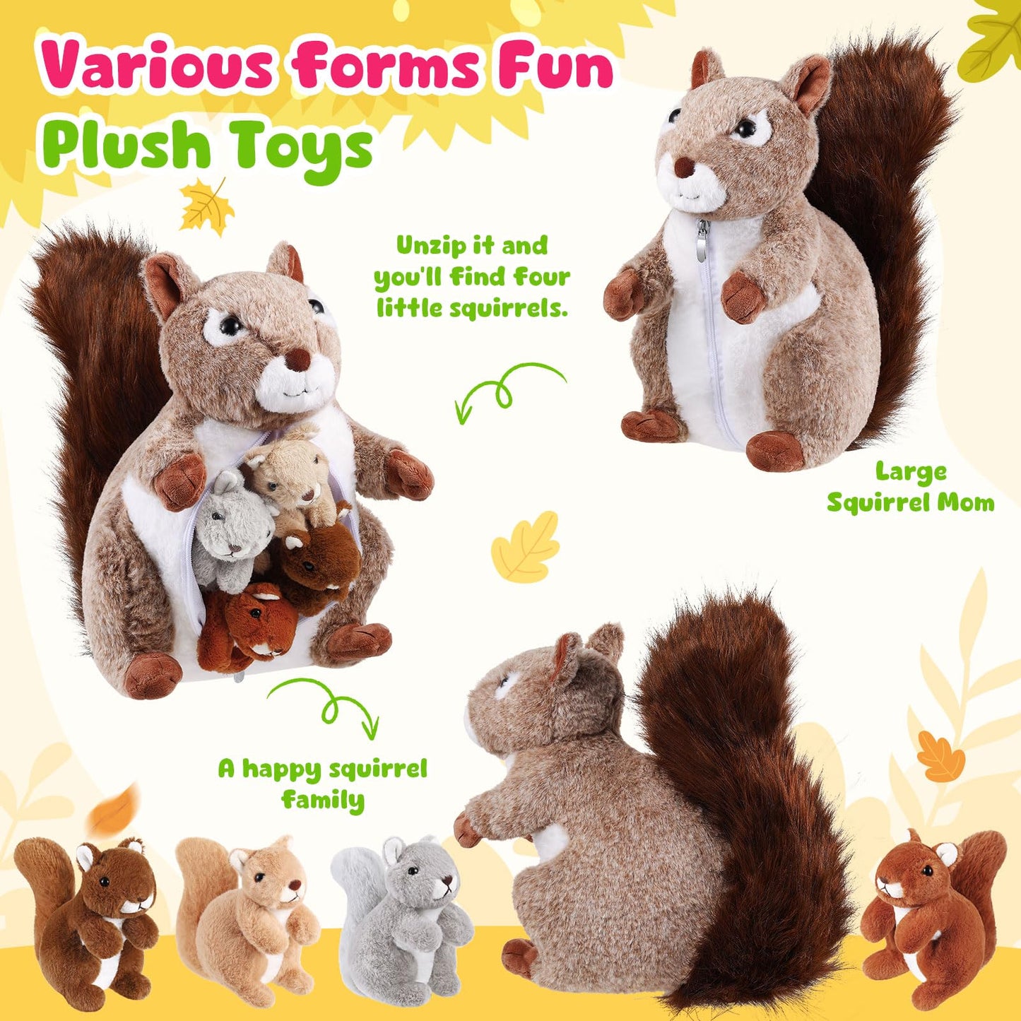 ZJoey 5 Pcs Squirrels Plush Mommy Stuffed Animal with Baby Plush Animals Soft for Christmas Girls Birthday Xmas Bedtime Gift Chair Bolster Nursery
