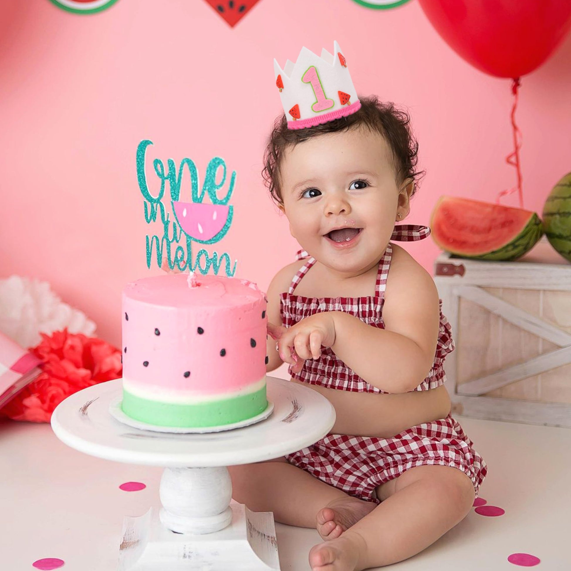 Agvgaza Watermelon 1st Birthday Crown - Watermelon First Birthday Decorations, Summer One in a Melon Party Outfit, Cake Smash Photo Props, Baby Shower