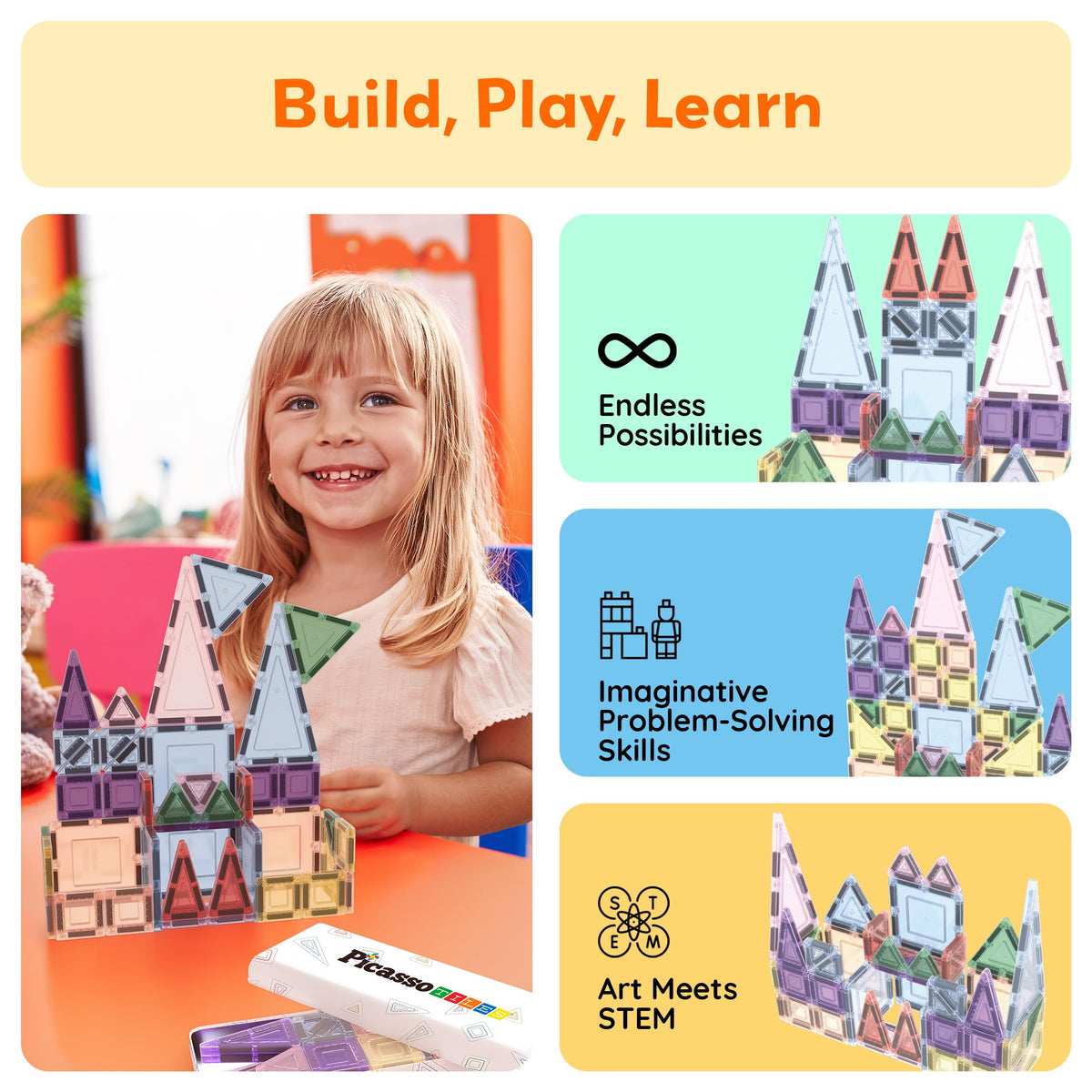 PicassoTiles 50PC Magnetic Tiles Travel Set Nano + Original Size Construction Building Block 2-in-1 Tile Collection with Tin Box Storage Case
