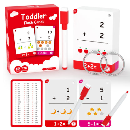 60Cards, 120 Pictures Math Flash Cards for Kindergarten,1ST, 2ND, 3RD Grade, Addition Subtraction Flash Cards for Kids Ages 6,7,8,9,10 Years