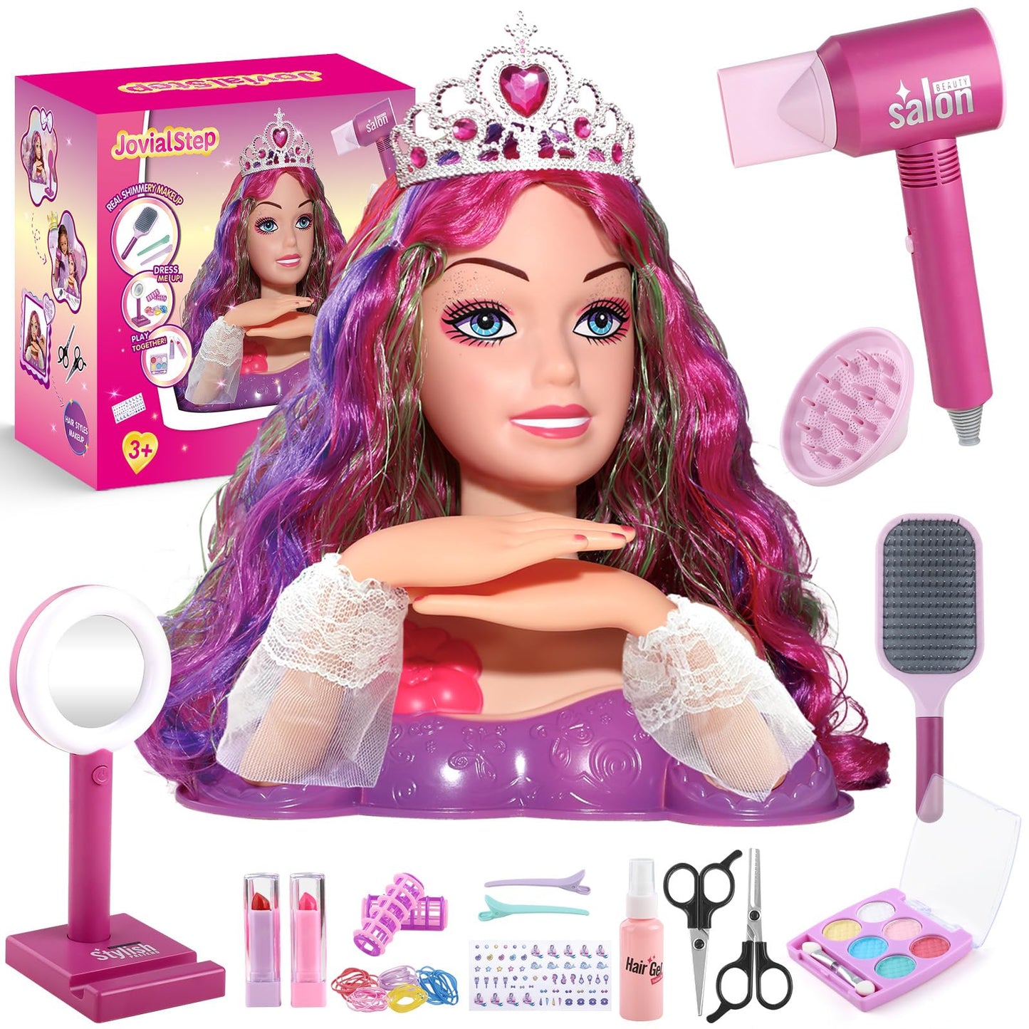 Princess Hair Styling Doll Head Makeup Kit for Girls- Pink, Purple Highlighted Wavy Hair Salon Set with 20+ Accessories - Makeup & Braiding Playset