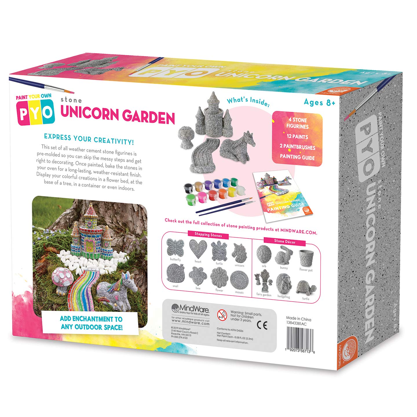 MindWare Paint Your Own Stone Unicorn Garden - Weather-Resistant Garden Rocks Paint Kit for Kids - Includes Paint, Brushes and Instructions - Ages 8