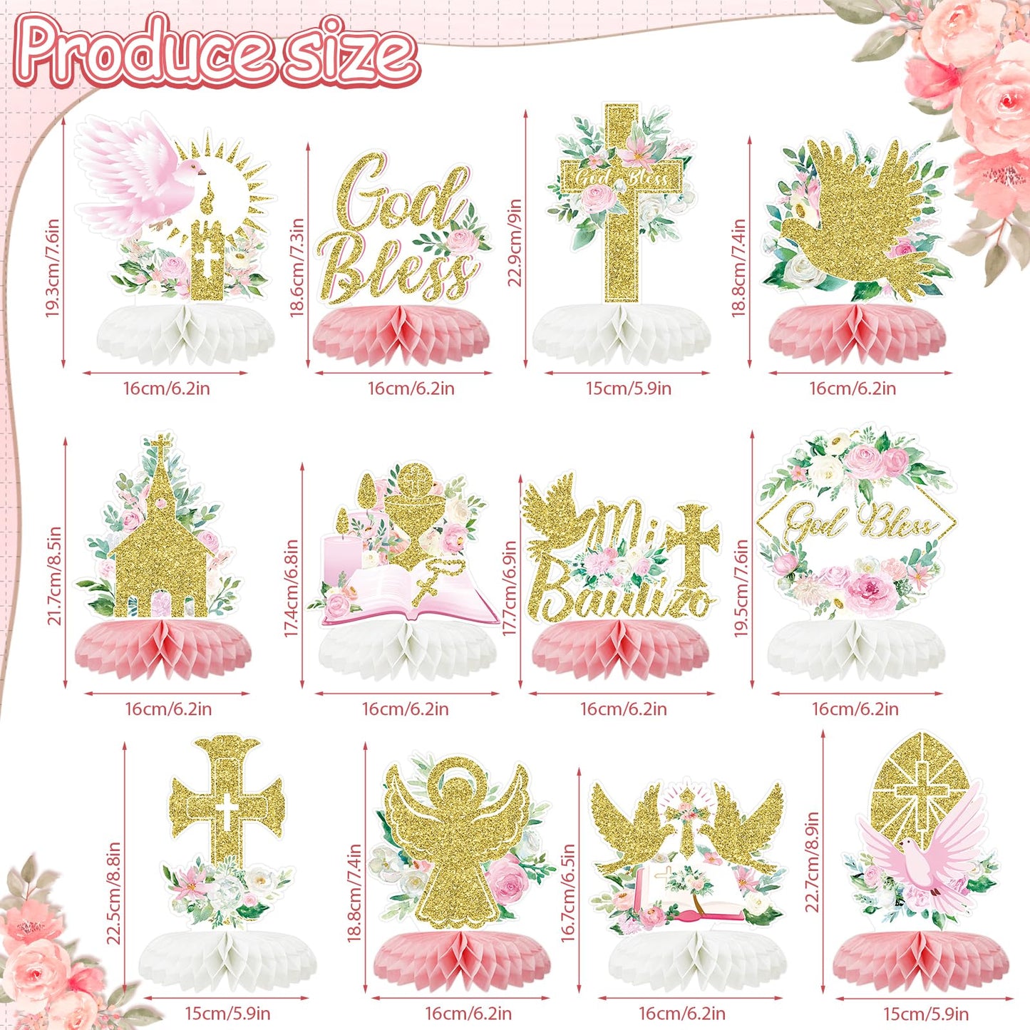 12Pcs Baptism Honeycomb Centerpieces Party Decor,Pink God Bless Cross Religious Baptism Table Centerpieces for Baby Shower First Communion Birthday