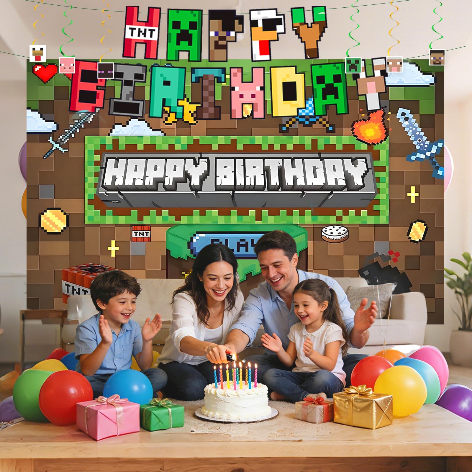 Pixel Game-Happy Birthday Banner- Includes Birthday Banner & Backdrop & Spiral Hanging supplies, Pixel party supplies Kit, Ideal for Game Theme