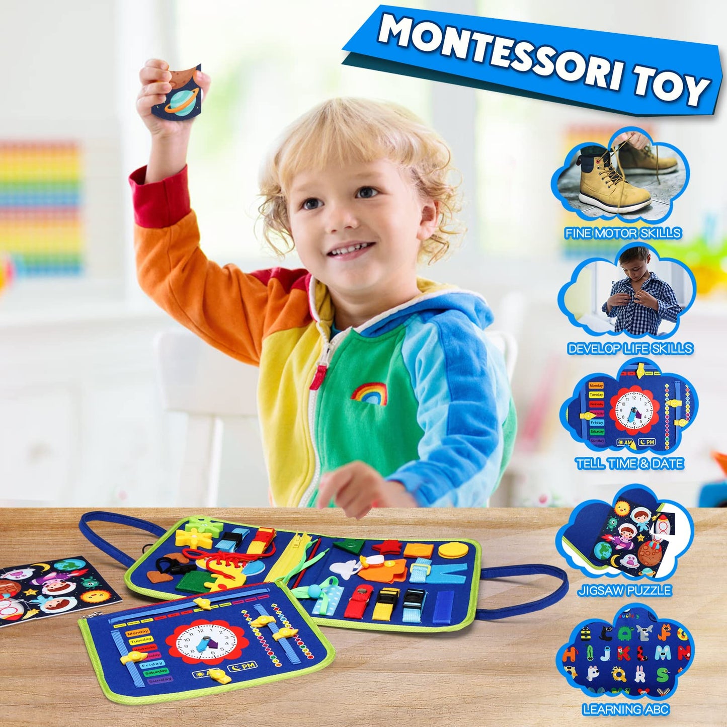 Guolely Busy Board Montessori Toy for 3-6 Year Old Toddlers - Educational Activity Developing Sensory Board for Fine Basic Dress Motor Skills - Travel