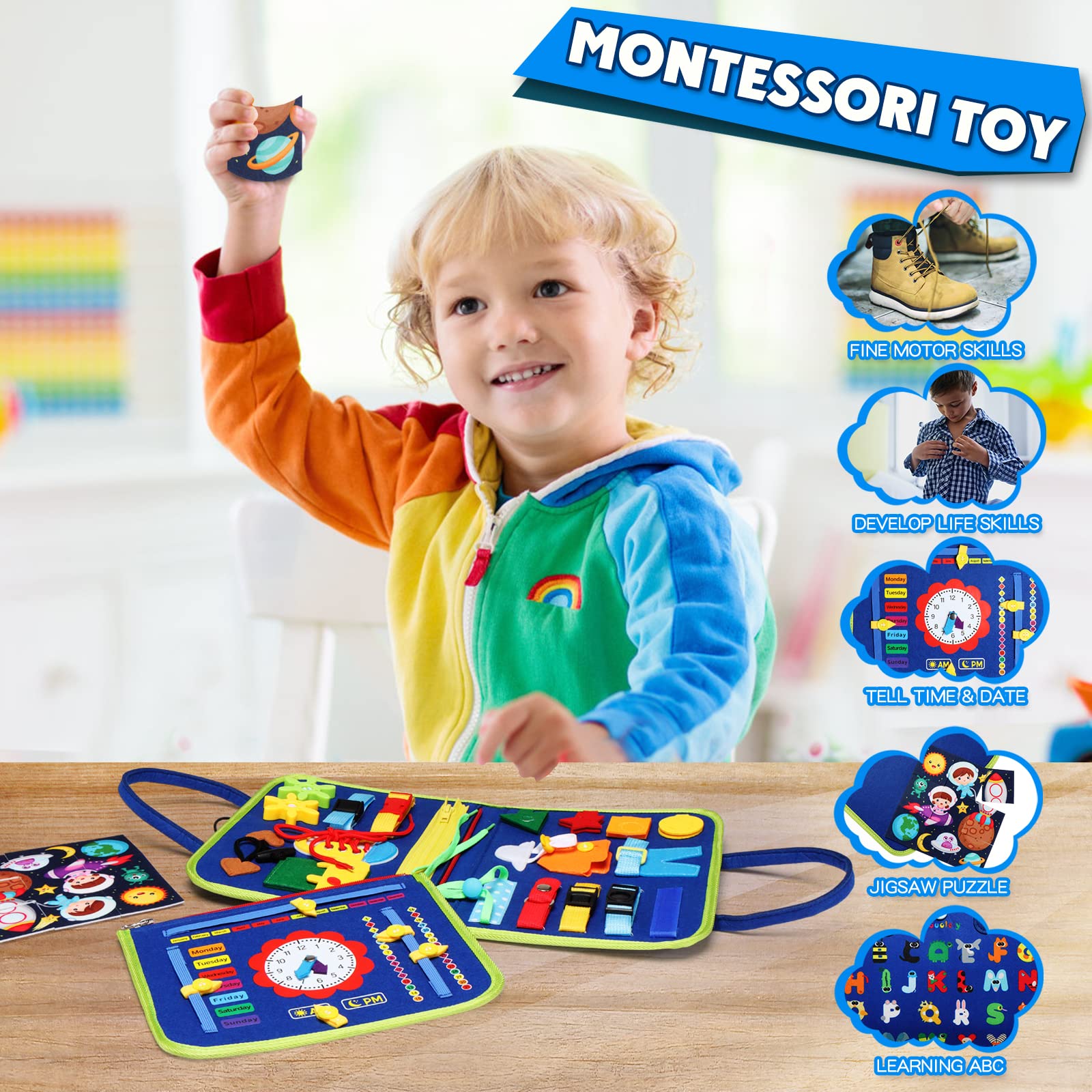 Guolely Busy Board Montessori Toy for 3-6 Year Old Toddlers - Educational Activity Developing Sensory Board for Fine Basic Dress Motor Skills - Travel