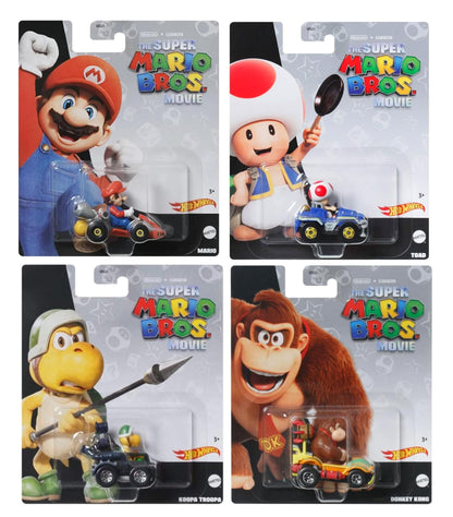 Hot Wheels Super Mario Bros. Movie Character Cars 4?Pack Bundle, Mario, Toad, Koopa & Donkey Kong, Die?Cast 1:64 Scale Vehicles, Ages 3+