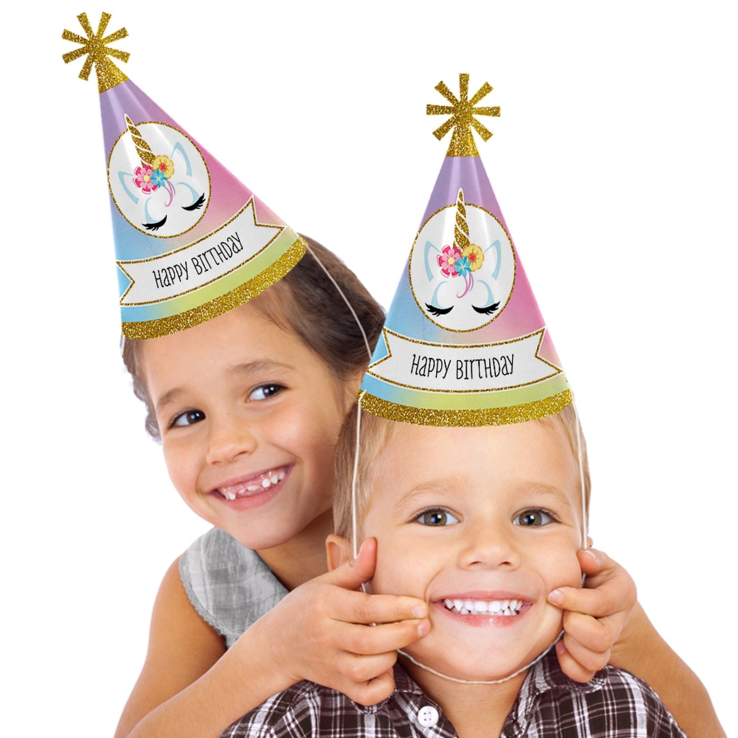 Rainbow Unicorn - Cone Magical Unicorn Happy Birthday Party Hats for Kids and Adults - Set of 8 (Standard Size)