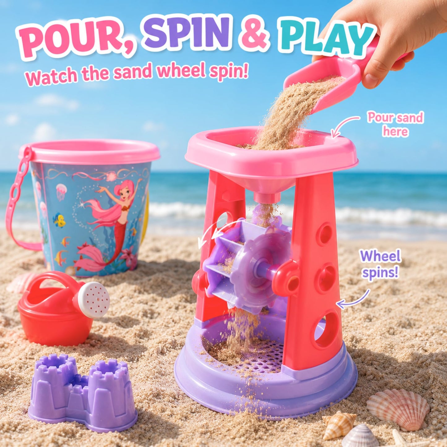 13-Piece Pink Princess Beach Sand Toy Set for Girls - Sand Playset with Sand Wheel, Mermaid Bucket, Water Pot, Shovels, Rakes, Molds & Zippered