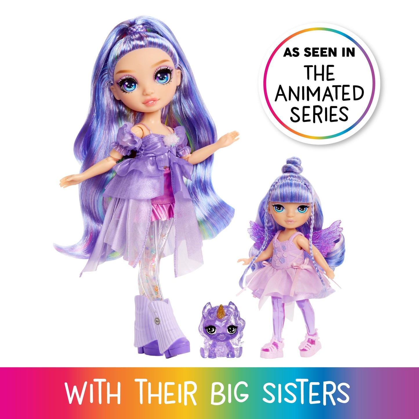 Rainbow High Littles Rainbow Fantasy Fairies + Pet - Amethyst, Purple 5.5" Posable Small Doll & Fantasy Pegasus Unicorn Pet with Interchangeable Fairy