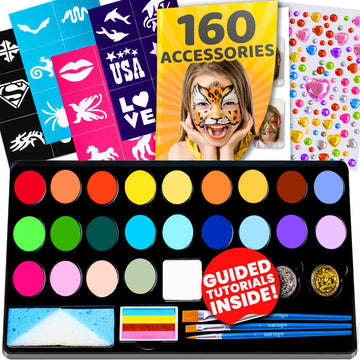 28 Color Face Painting Kit for Kids - Blue Squid Face Paint Kit Palette with 160pc accessories Stencils, Water Activated Non Toxic Washable