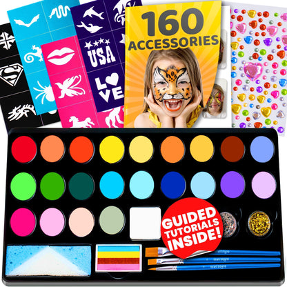 28 Color Face Painting Kit for Kids - Blue Squid Face Paint Kit Palette with 160pc accessories Stencils, Water Activated Non Toxic Washable