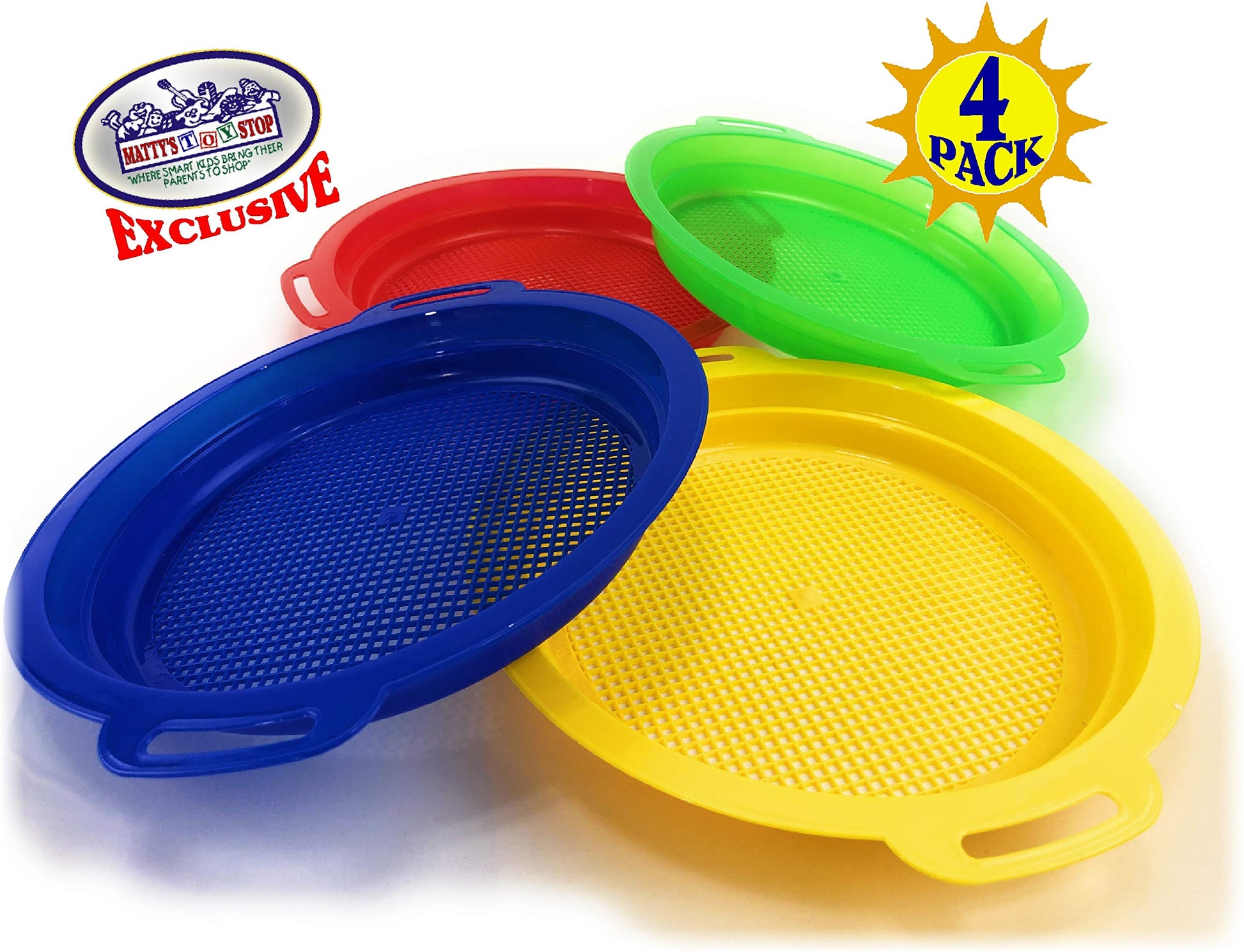 Matty's Toy Stop Sand Sifter Sieves for Sand & Beach (Red, Blue, Yellow & Green) Complete Gift Set Bundle - 4 Pack (8.75'' x 9.75")