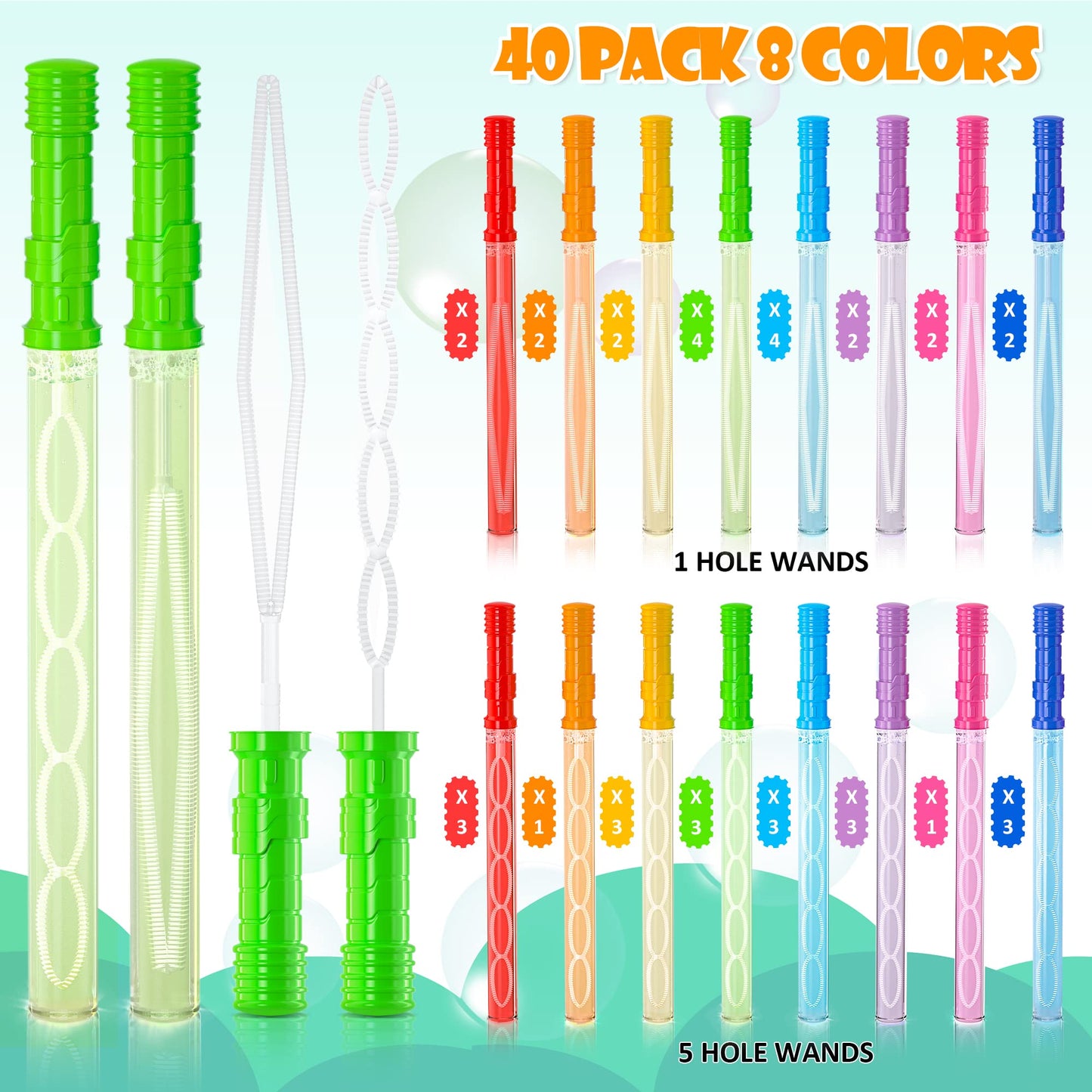 Inscraft 40 Pack 14’’ Big Bubble Wands, 8 Colors Mix Bulk for Summer Toy, Outdoor/Indoor Activity Use, Easter, Birthday, Graduation, Shower, Bubbles