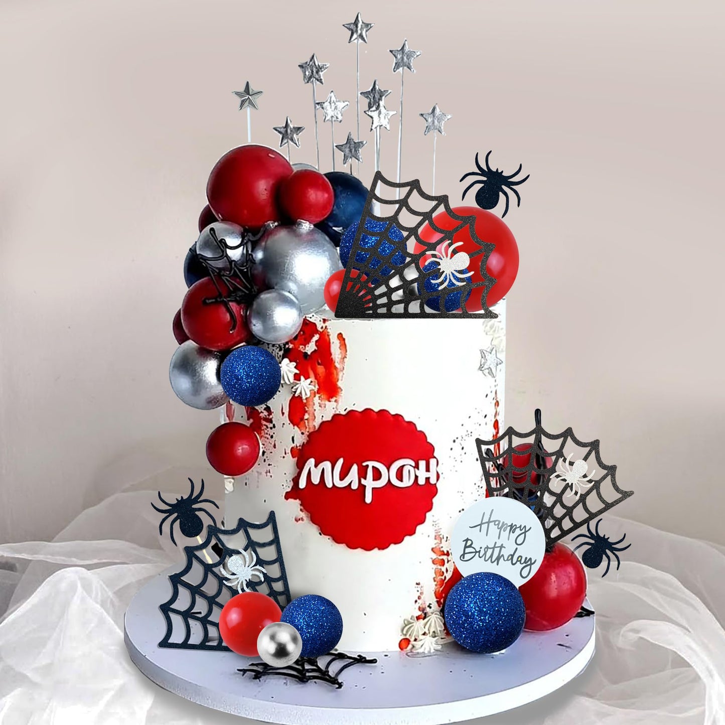 Spider Cake Topper with Spider Web Balls Stars for Spider Theme Birthday Supplies (Spider)
