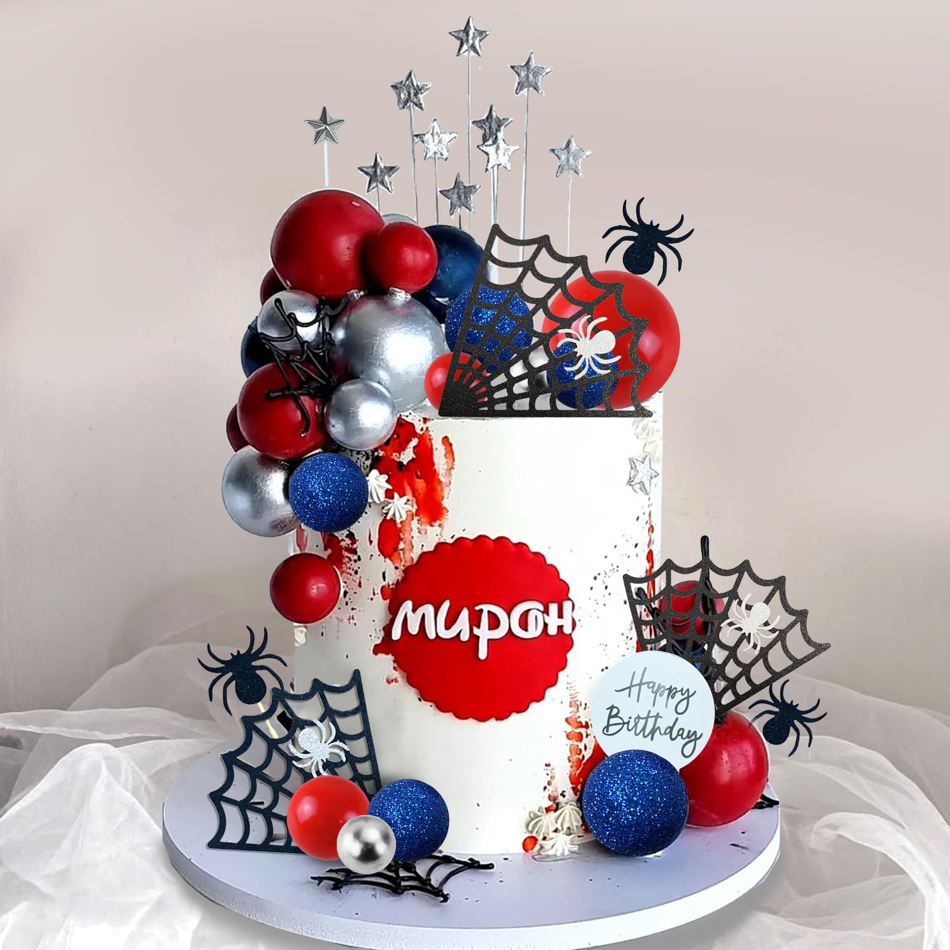 Spider Cake Topper with Spider Web Balls Stars for Spider Theme Birthday Supplies (Spider)
