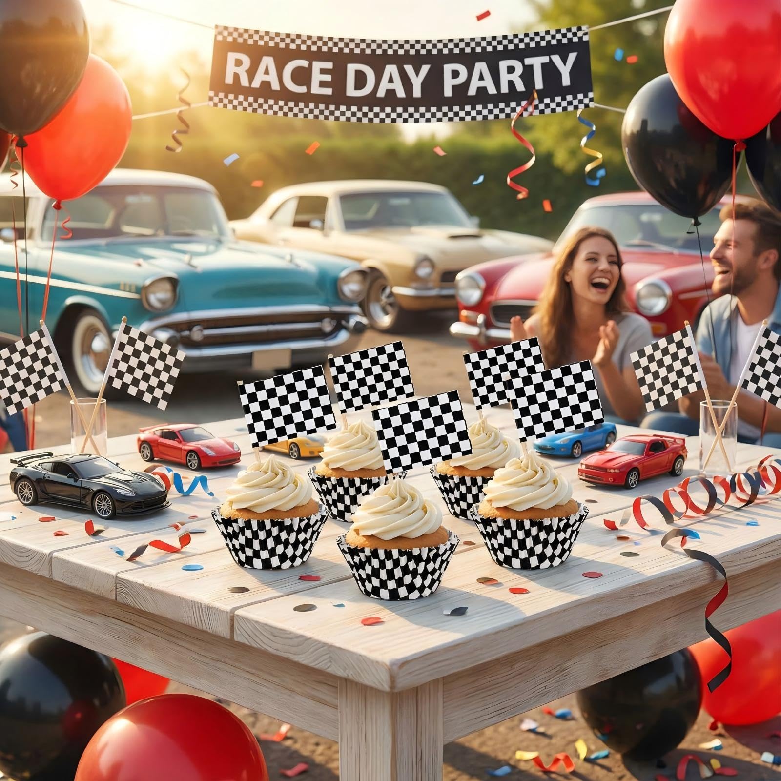 TecUnite 100 Pcs Race Car Checkered Flag Cupcake Wrappers Liners and 100 Pcs Cupcake Toppers Race Car Party Cake Decoration for Racing Checkered Theme