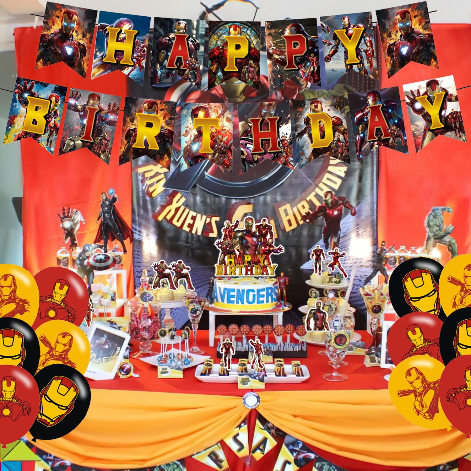 PINUO ???????? ?????? Birthday Party Decorations,Iron Hero Party Supplies Includes Cartoon Iron Hero Birthday Banner Balloons Cupcake Toppers Cake Topper