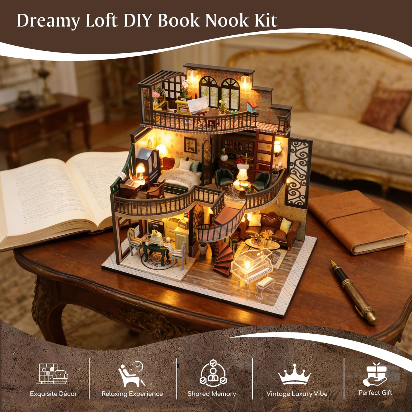 DIY Miniature House Kit, DIY Book Nook with LED Light | 3D Puzzles for Adults and Teens, Tiny House Building Kits for Bookshelf Decor, Creative Gift