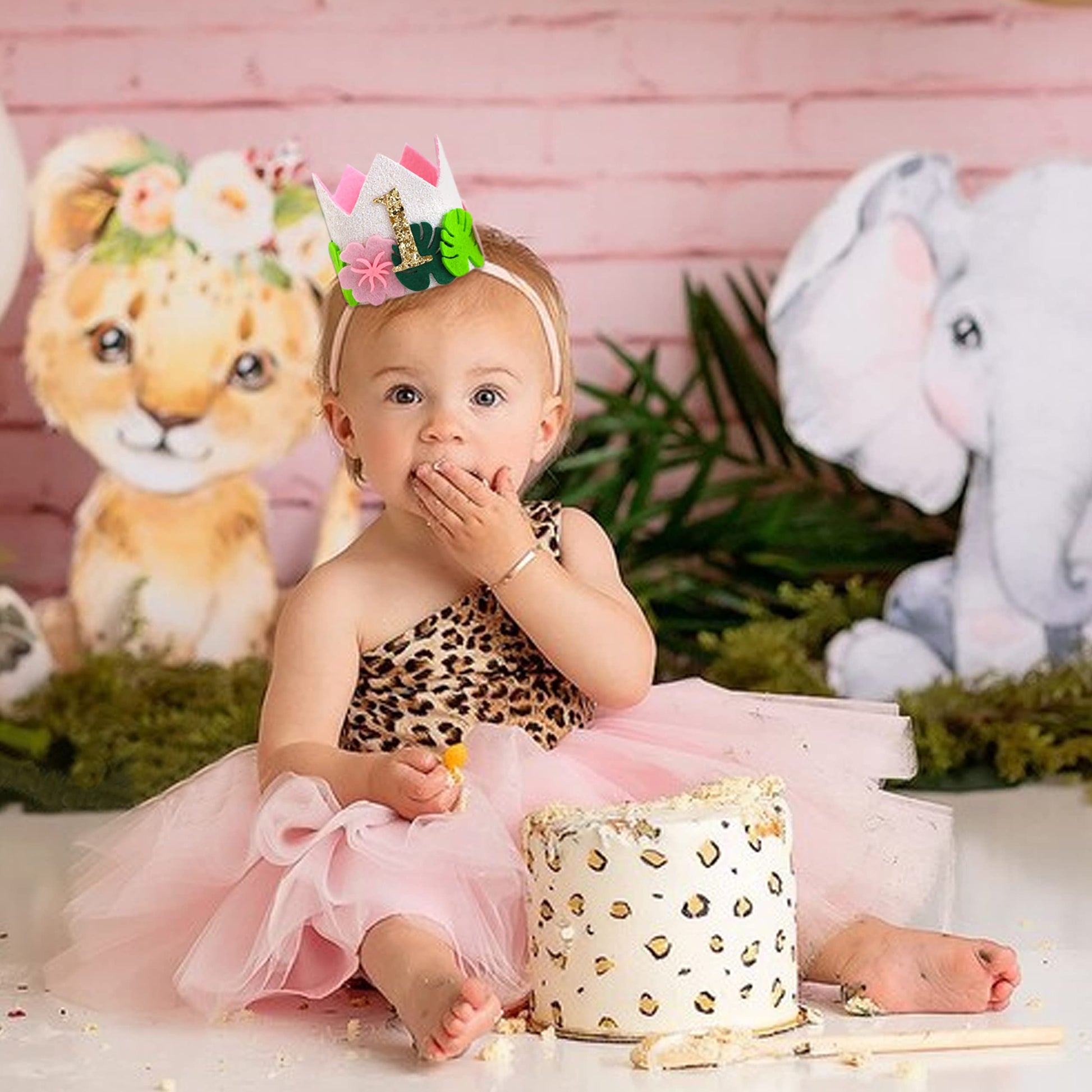 Agkvw Pink Wild One Birthday Crown for Girls - Tropical Pink 1st Birthday Hat, Girls Jungle Safari 1st Birthday Decoration, Hawaiian 1stBirthday Decor