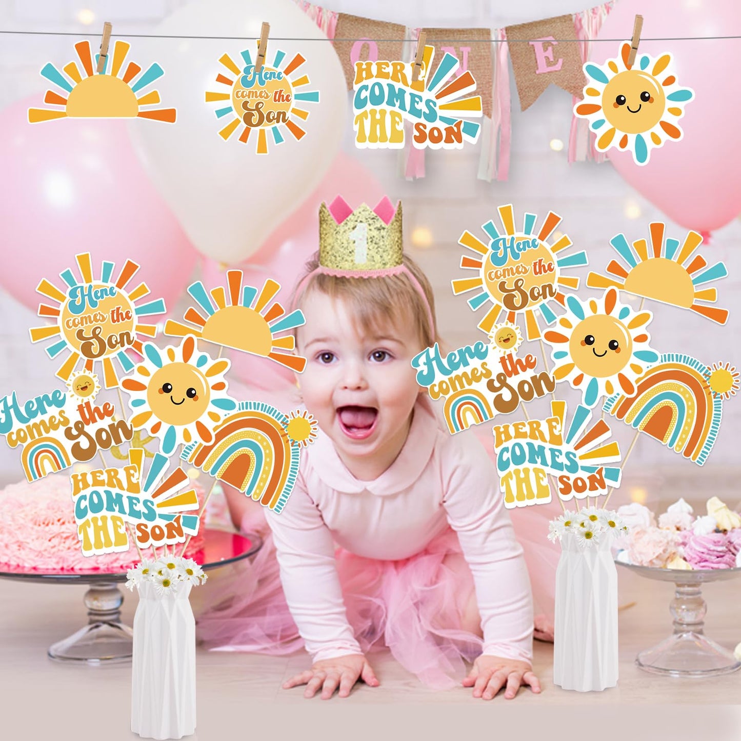 Here Comes The Son Centerpiece Sticks Here Comes The Son Baby Shower Decorations 24Pcs Sun Table Toppers Sunshine Baby Shower Supplies Boho Sun