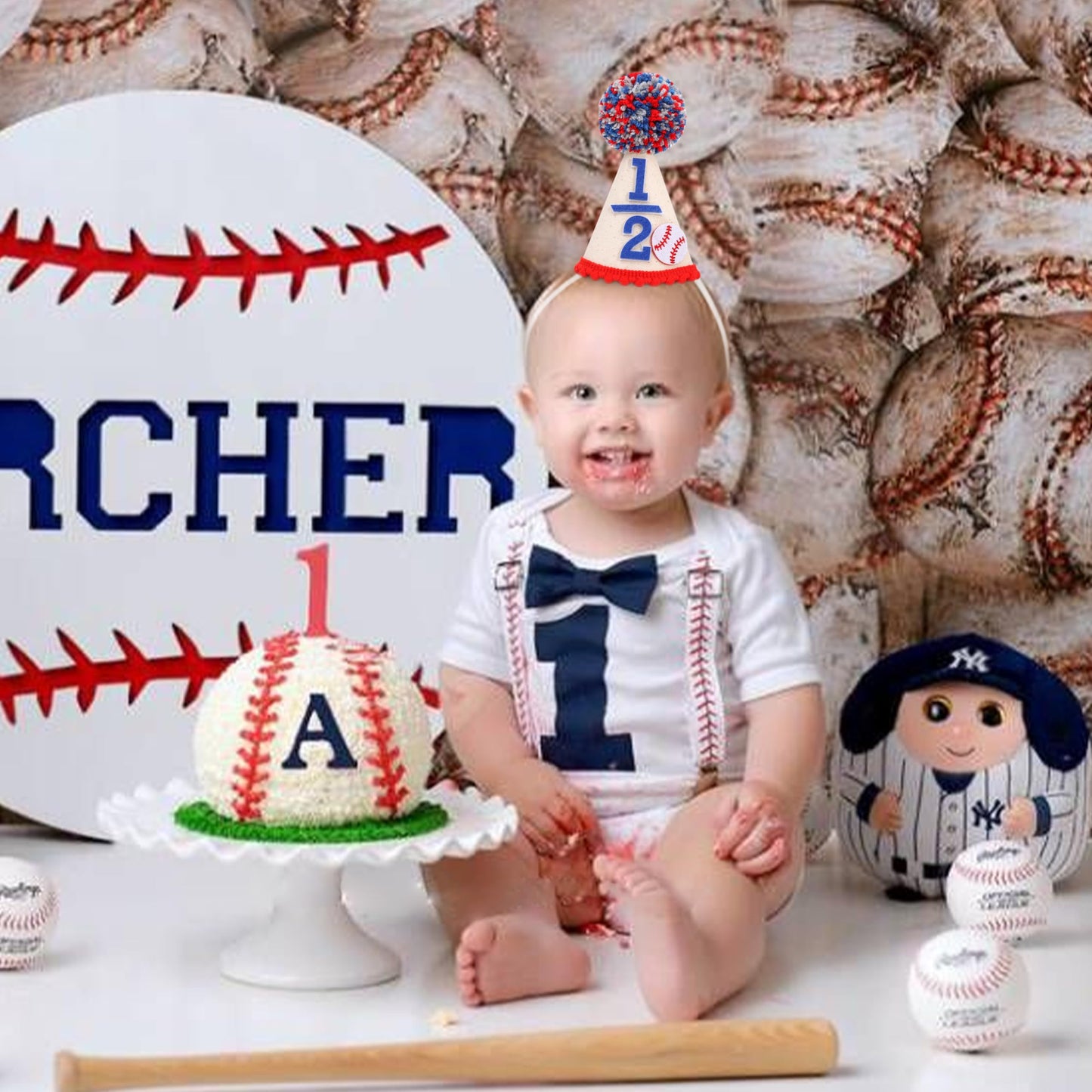 BEADED Baseball 1/2 Birthday Hat - Baseball Half/6 Month Birthday Decorations,Half Way To First Hat,Six Month Little Slugger Party Sign, (1/2)