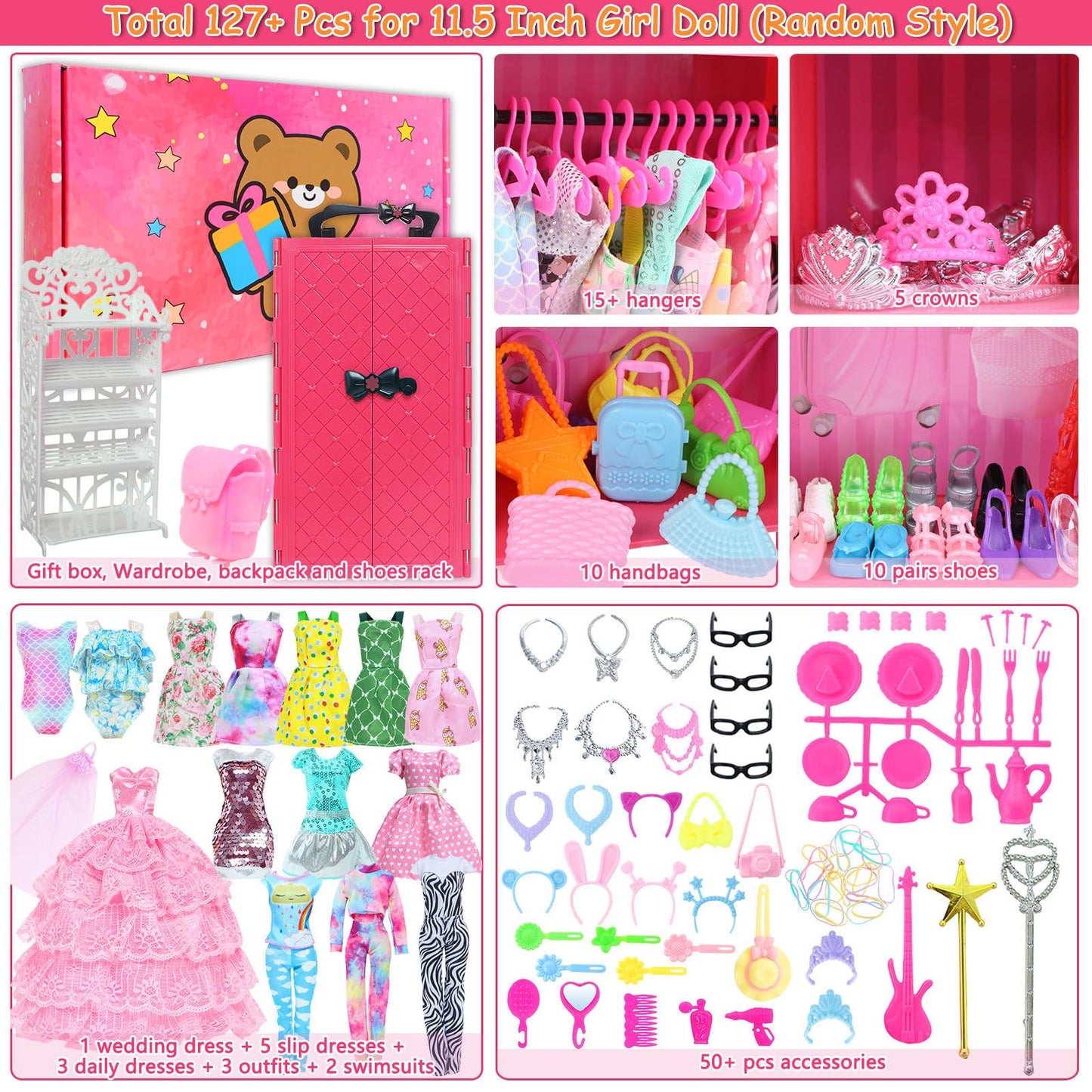 BJDBUS 127 Pcs Doll Wardrobe with Clothes and Accessories, Closet Set for 11.5 Inch Girl Doll Storage Wedding Gown Fashion Dresses Skirts Tops Pants