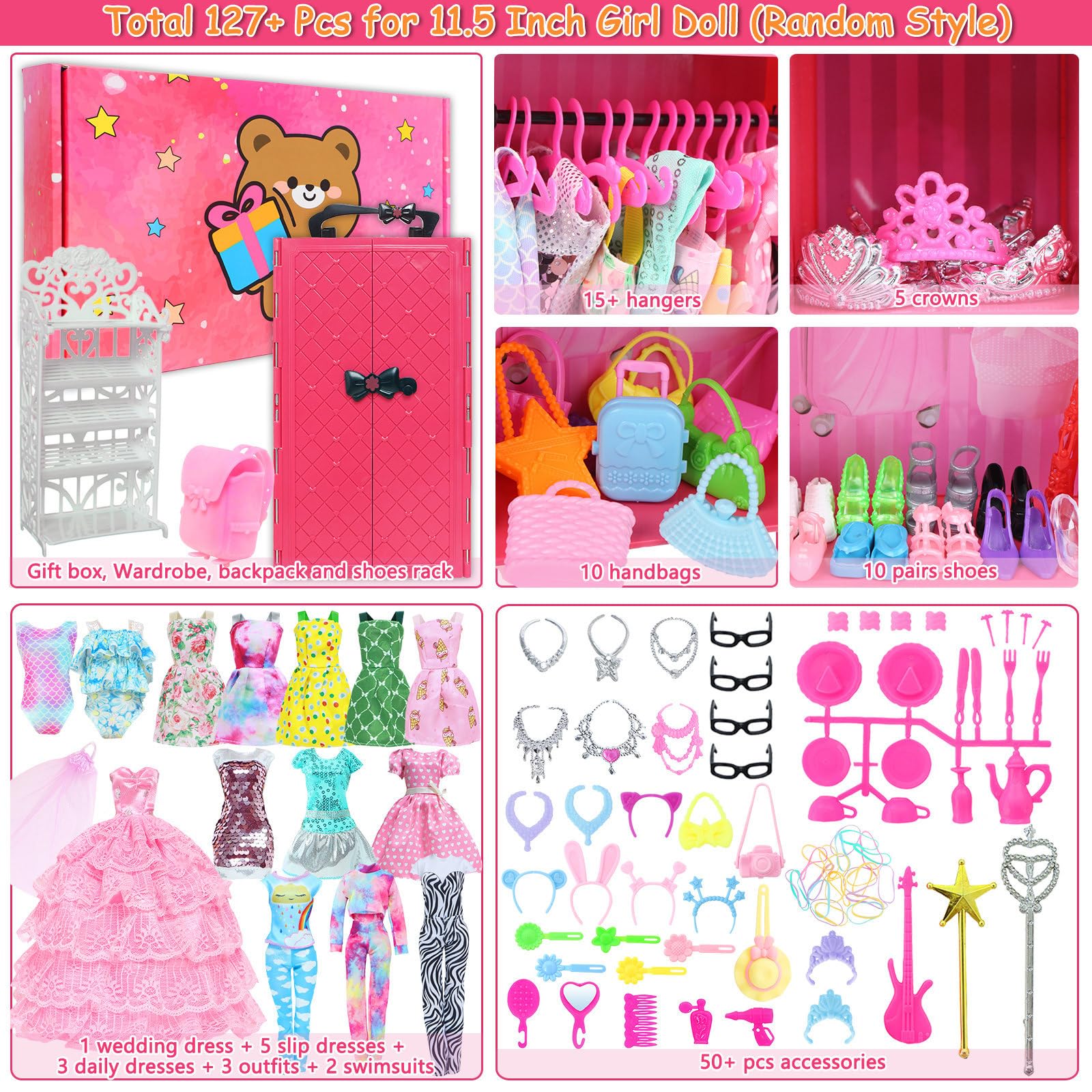 BJDBUS 127 Pcs Doll Wardrobe with Clothes and Accessories, Closet Set for 11.5 Inch Girl Doll Storage Wedding Gown Fashion Dresses Skirts Tops Pants