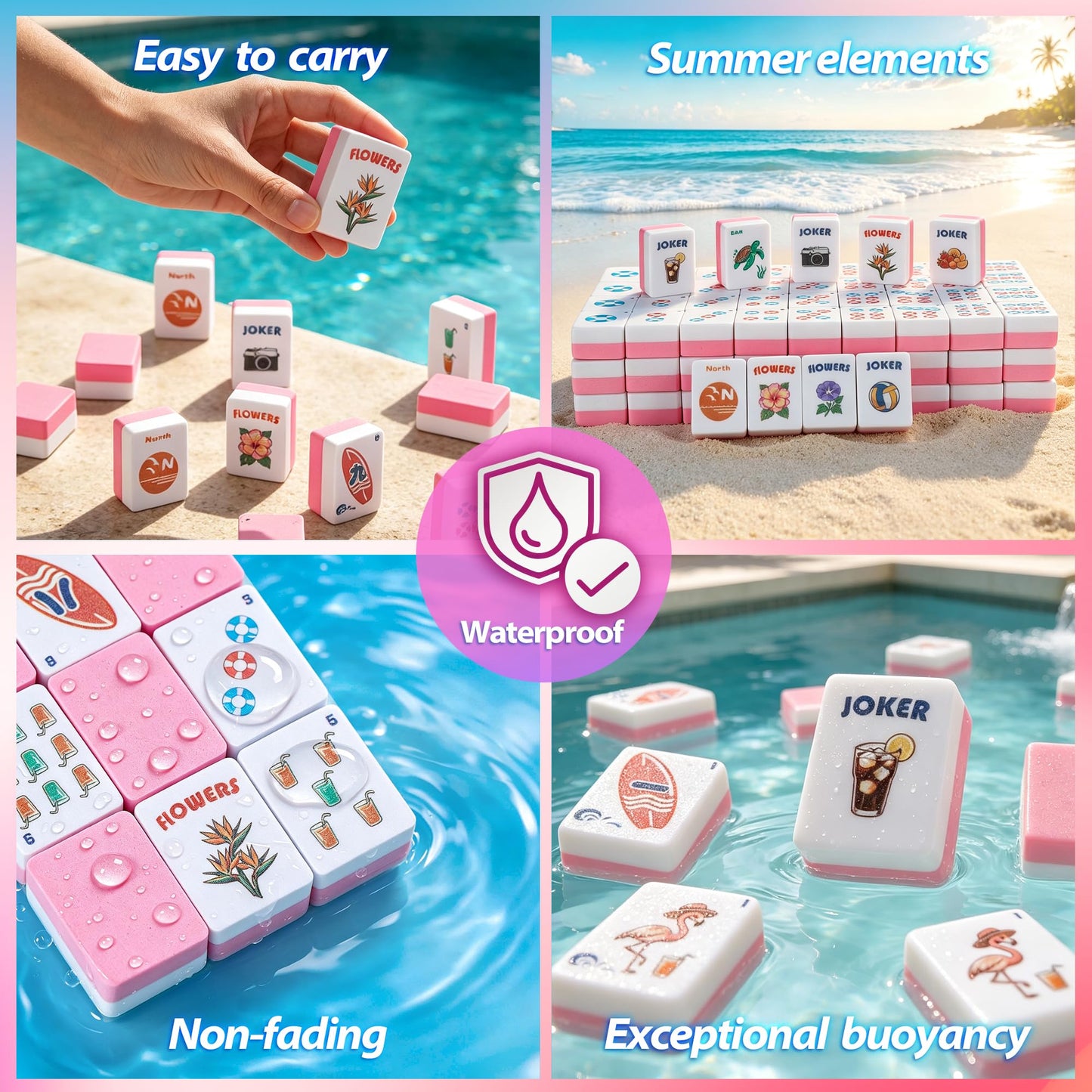 BOATWAY Floating Mahjong Tiles Set for Pool, 160 American Mahjong Tiles Waterproof EVA Foam Tiles with Storage Bag Dice & Rule Cards, Portable Pool