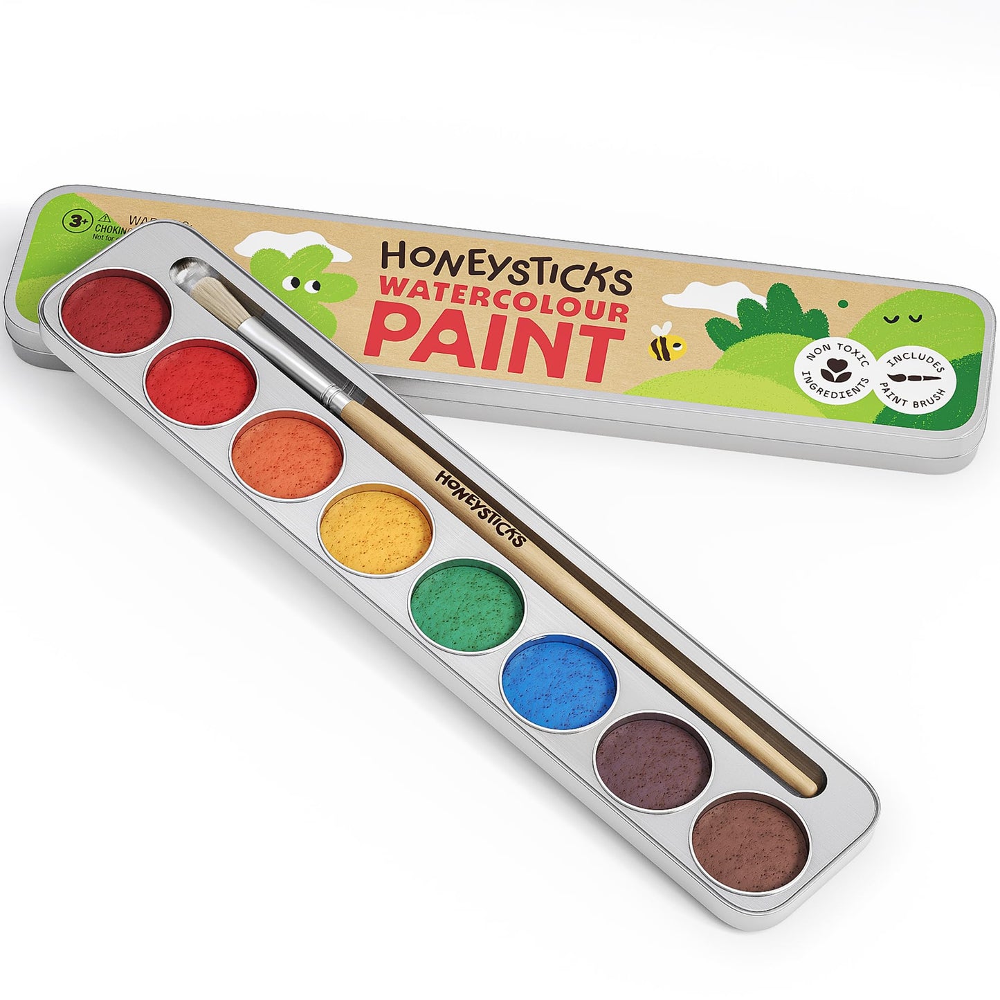 Honeysticks Non-Toxic Watercolor Paint Set for Kids and Toddlers - 8 Vibrant and Long Lasting Colors with Brush - Natural and Food Grade Ingredients
