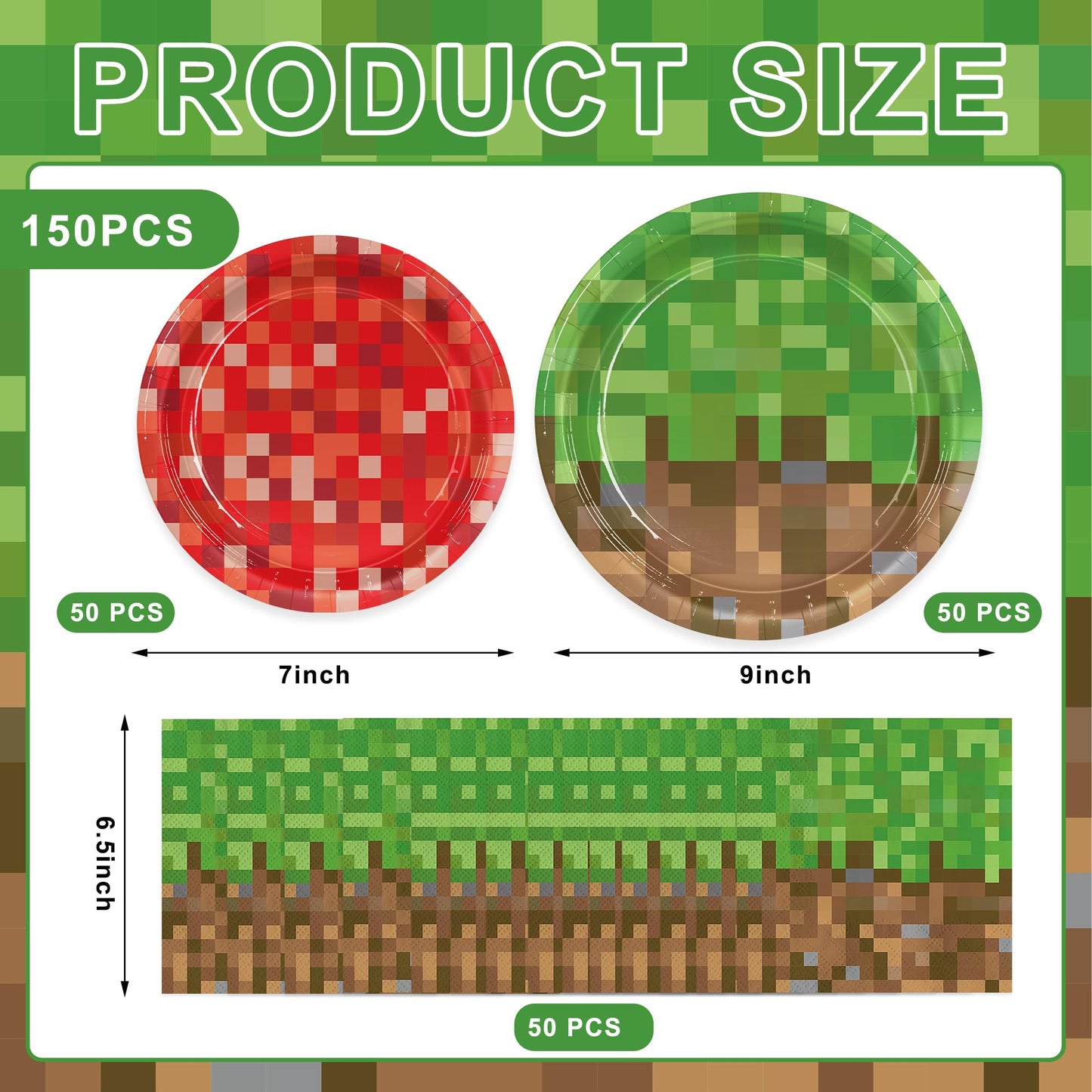 Pnuocax 150Pcs Pixel Birthday Party Plates Napkins Pixel Party Supplies Paper Disposable Tableware Set Birthday Party Decorations for Kids Serve 50