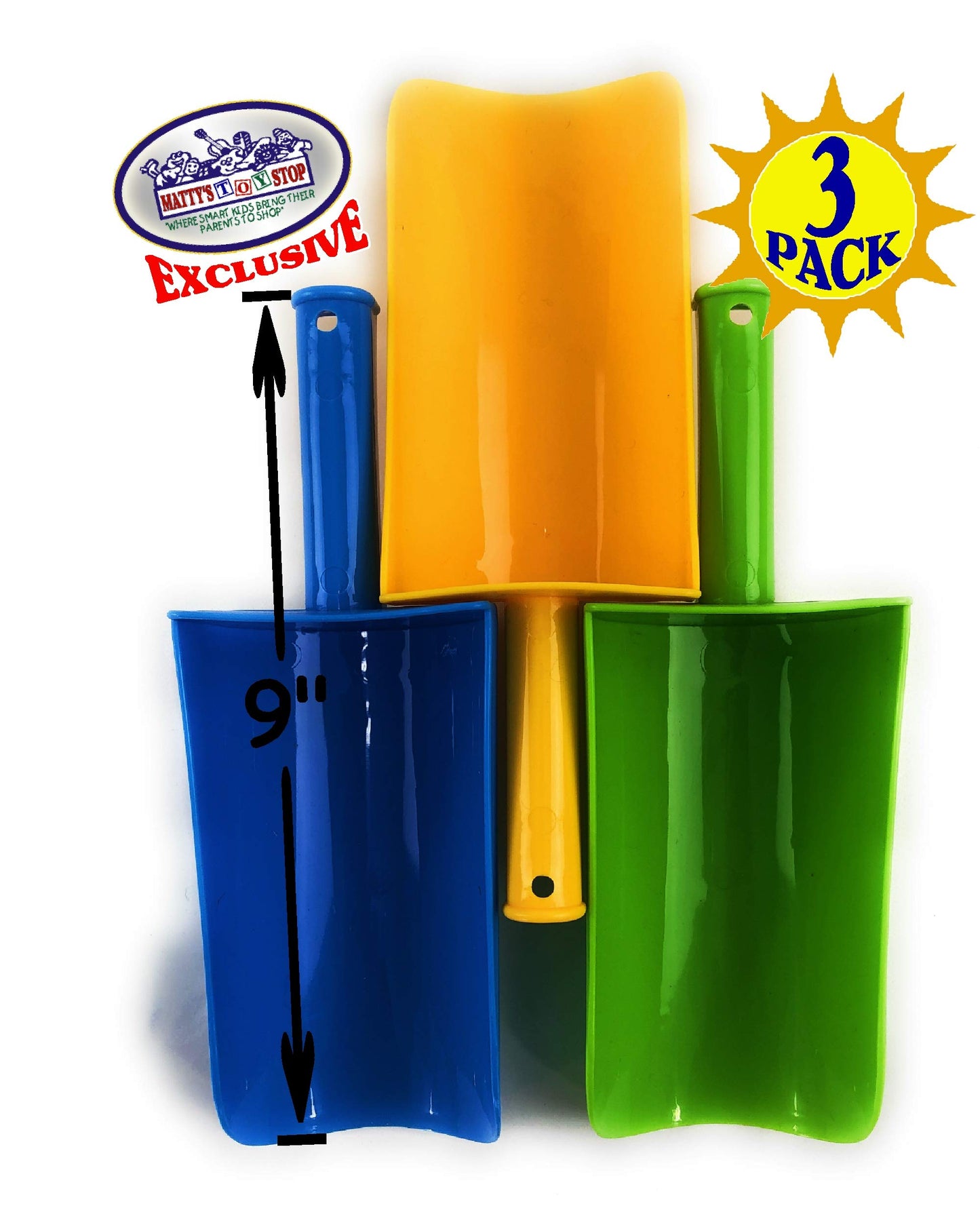 Matty's Toy Stop 9" Kids Short Handle Sand Scoop Plastic Shovels for Sand & Beach (Yellow, Blue & Green) Gift Set Bundle - 3 Pack