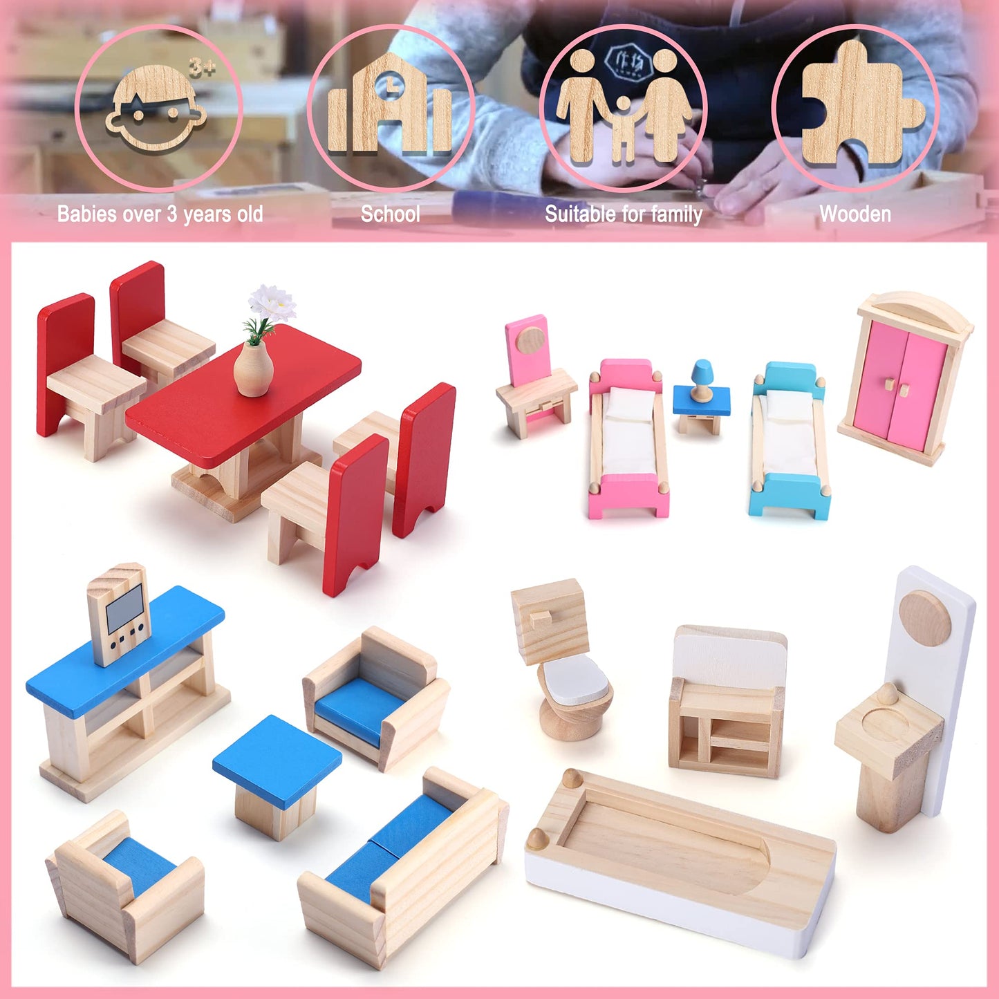 Giragaer Wooden Dollhouse Furniture 5 Set, Wood Doll House Miniature Bathroom/Living Room/Dining Room/Bedroom/Kitchen House Furniture Doll Decoration