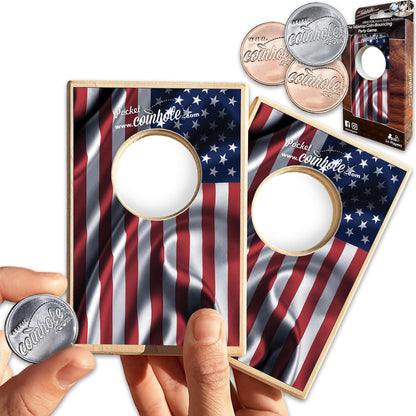 Coinhole Desktop Coin Bouncing Party Game Set | Tabletop Cornhole Board Game | Small Cornhole Travel Game Includes Coins (Pocket Size American Flag)