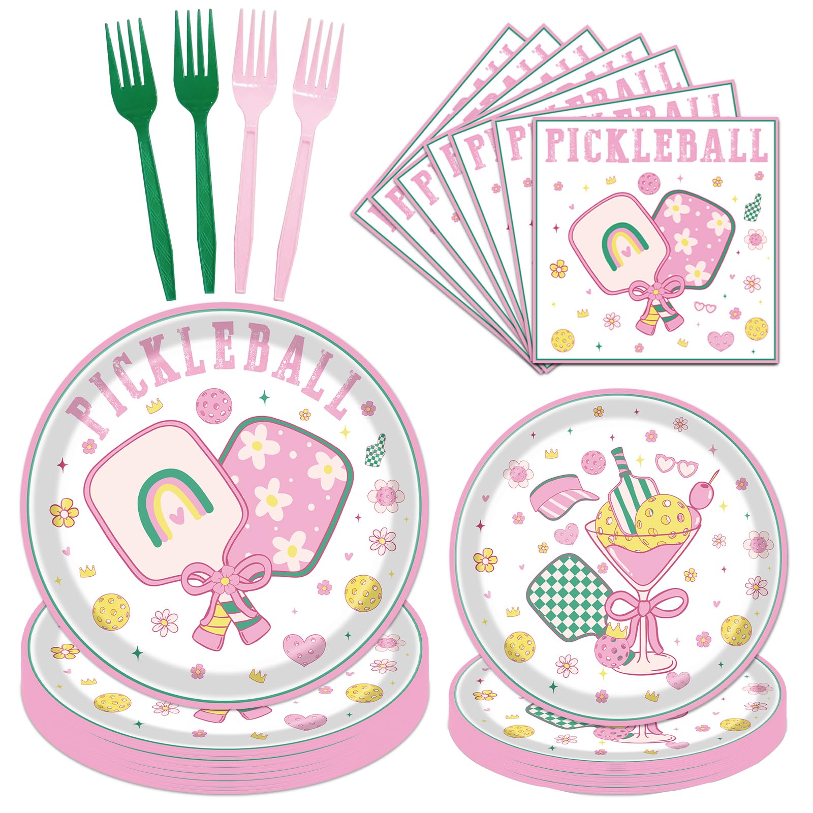 musaeva Pickleball Birthday Party Decorations Tableware, 96PCS Pickle Ball Disposable Pink Paper Plates and Napkins Decoration, Ball Theme Forks Decor