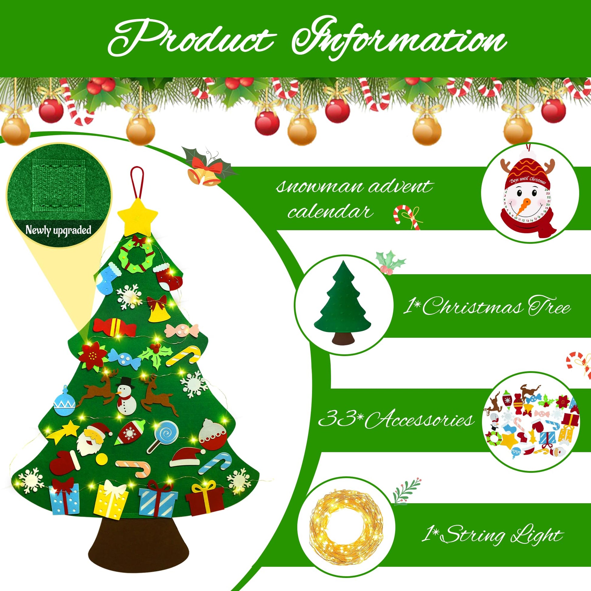 Flechllary 3ft DIY Felt Christmas Tree for Toddlers, Set Plus Snowman Advent Calendar with 33 Removable Ornaments, Wall Hanging Xmas Gift for Kids
