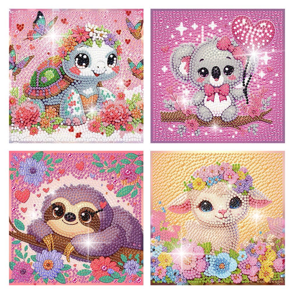 FQOVKYN 4Pcs 5D Cute Animals Diamond Art Kits for Kids, DIY Diamond Art Painting Mosaic Kits for Adults Beginner, Full Drill Small Diamond Gem Art