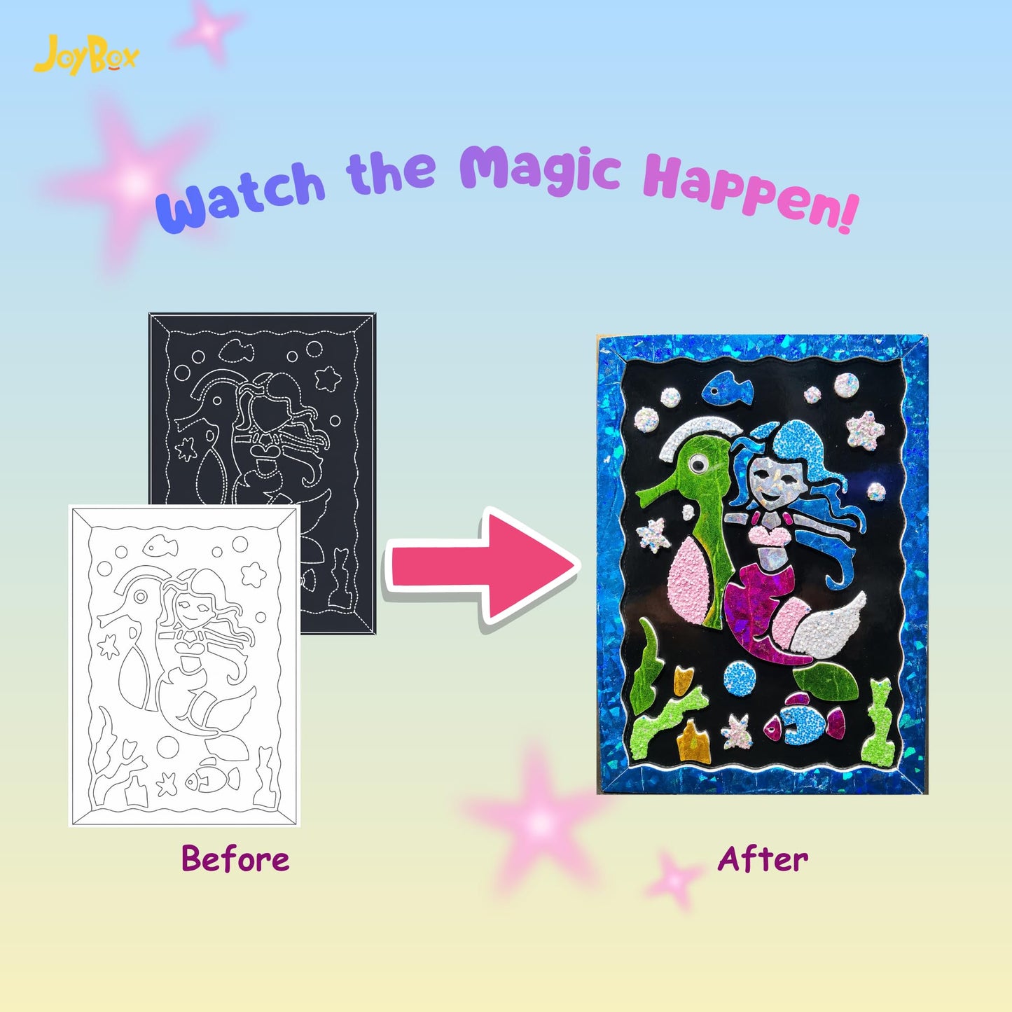 JoyBox Foil Art & Glow Sequin Art Craft Kit 2-in-1, Mermaid Luminous Set 6+