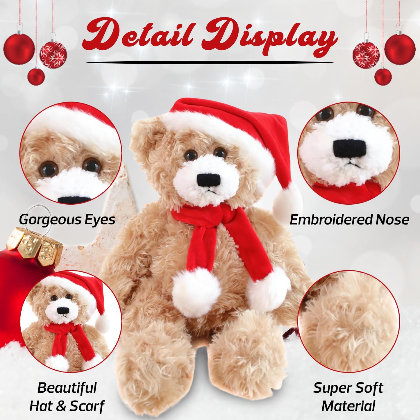 Plushland Adorable Soft Brandon Teddy Bear, Stuffed Animal Holiday Toys with Hat and Scarf Christmas Accessories - A Perfect Toy Gift for Kids 12