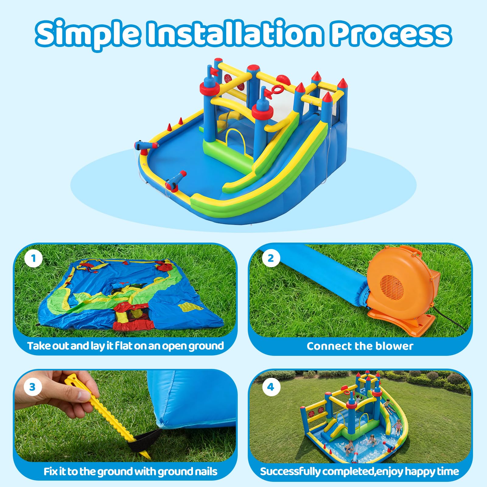 SunSwell Inflatable Water Slide for Kids Backyard with 450W Blower, Jumping Castle with Water Slide, Water Park Bounce House for Indoor and Outdoor