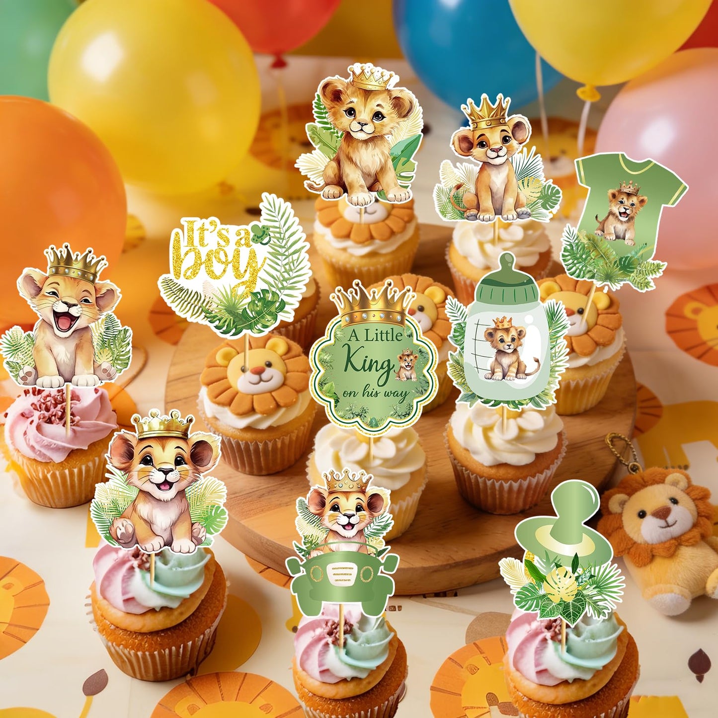24 Pcs Lion Baby Shower Decorations: Lion Cupcake Toppers A Little King Is On His Way Baby Shower Safari Cupcake Toppers Wild Jungle Safari Gender