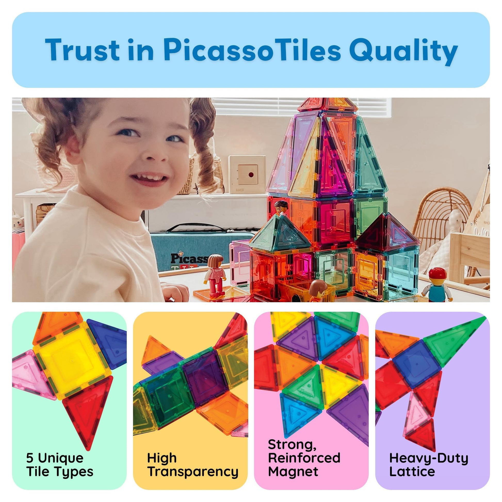PicassoTiles 60 Piece Set 60pcs Magnet Building Tiles Clear Magnetic 3D Blocks Construction Playboards - Creativity Beyond Imagination, Inspirational
