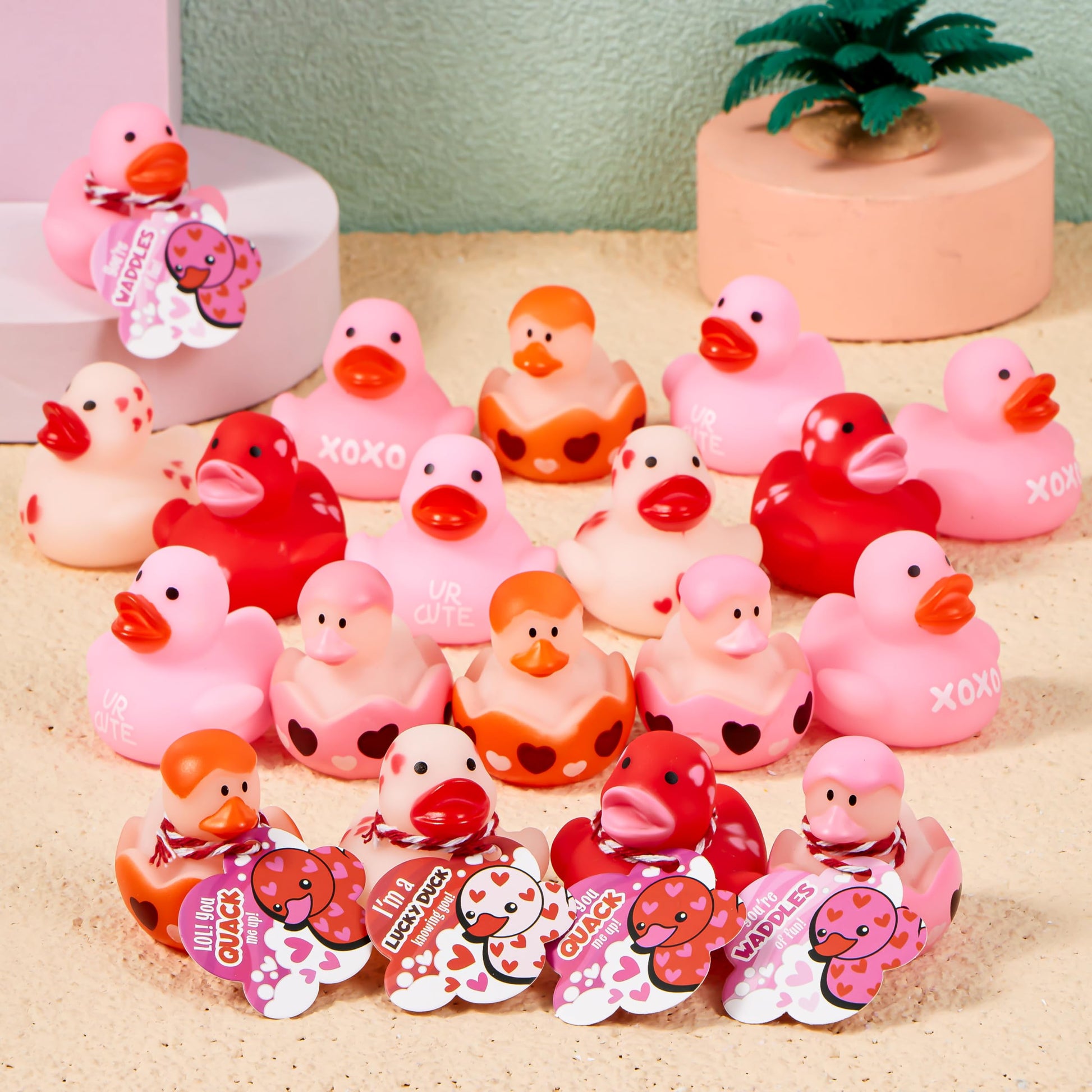 JOYIN 24 Pcs Valentine’s Day Gift Cards with Rubber Duck for Kids,Mini Rubber Duck Bath Toys for Classroom Exchange Prizes, Valentine Party Favors