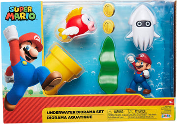 Nintendo Super Mario Underwater 2.5" Figure Diorama Play Set, Includes: Mario, Cheep-Cheep, Blooper, Mechanical Warp Pipe, Spinning Water Plant & Two