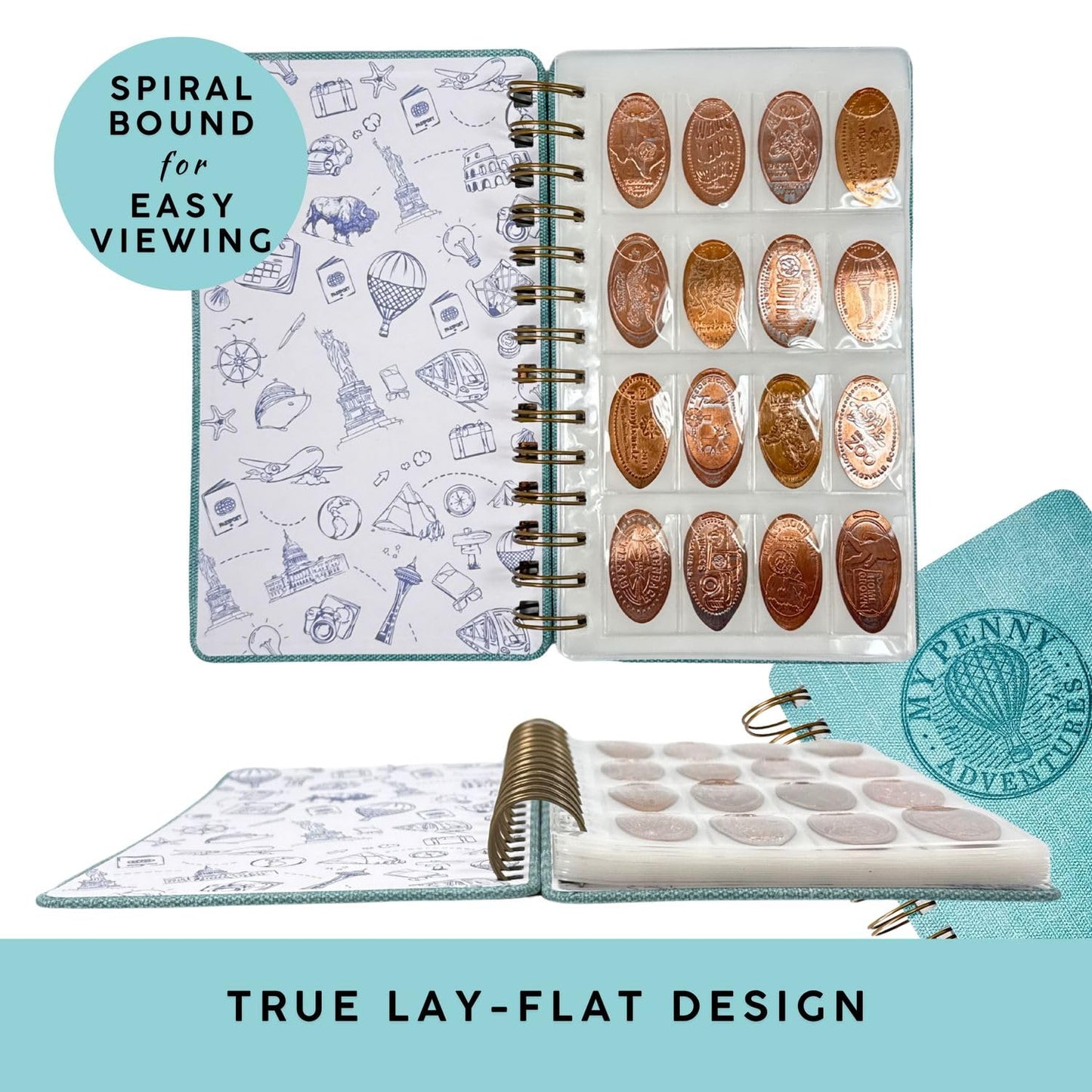 Spiral Penny Notebook by Pennybandz® - Pressed Penny Album Holds 224 Souvenir Coins | Lays Flat for Easy Viewing | Archival Quality Storage for