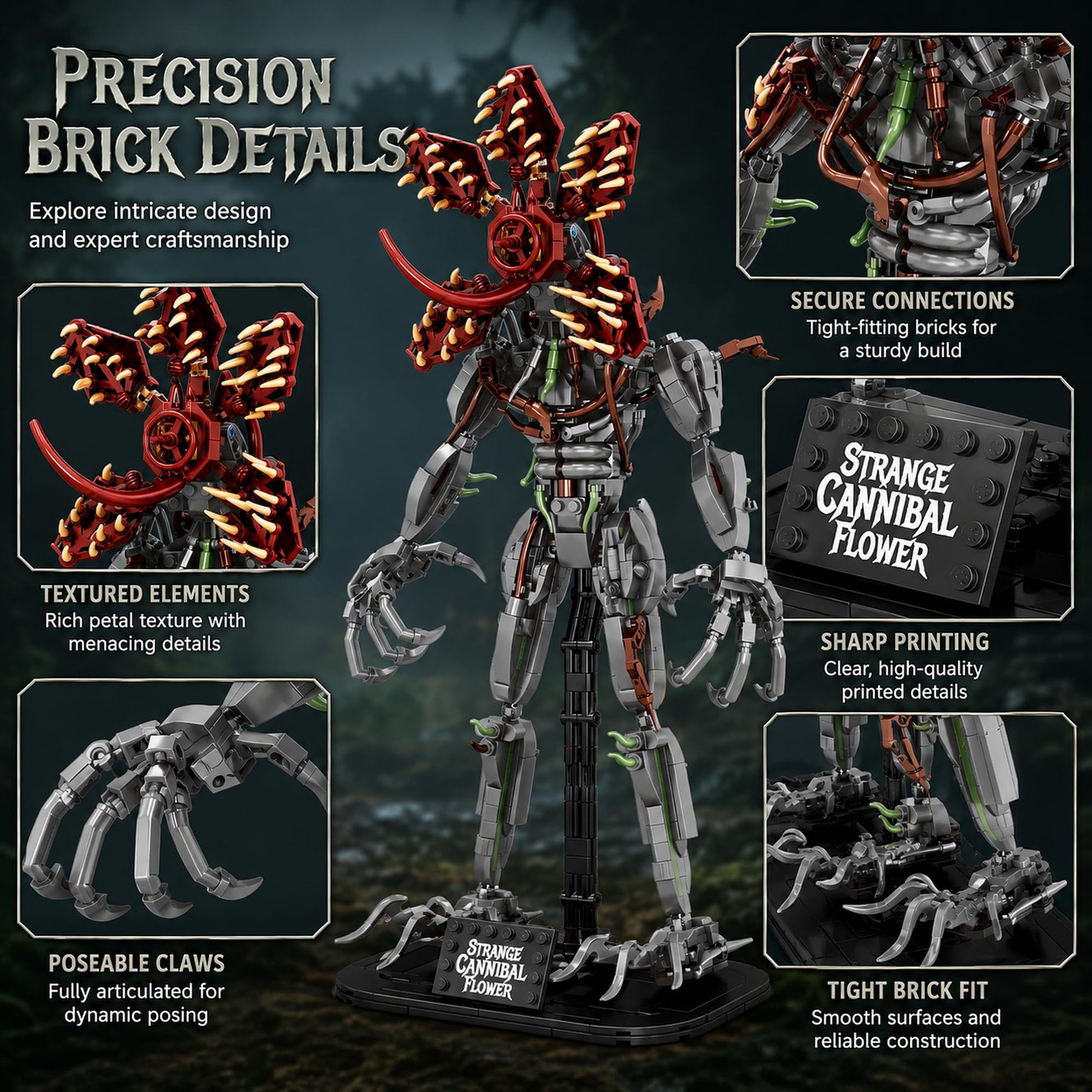 LQPFBSM 2-in-1 Strange Cannibal Flower Building Block Set 858 Pcs Botanical Monster Action Figure for Adults & Teens Sci-Fi Horror Creature Model Kit